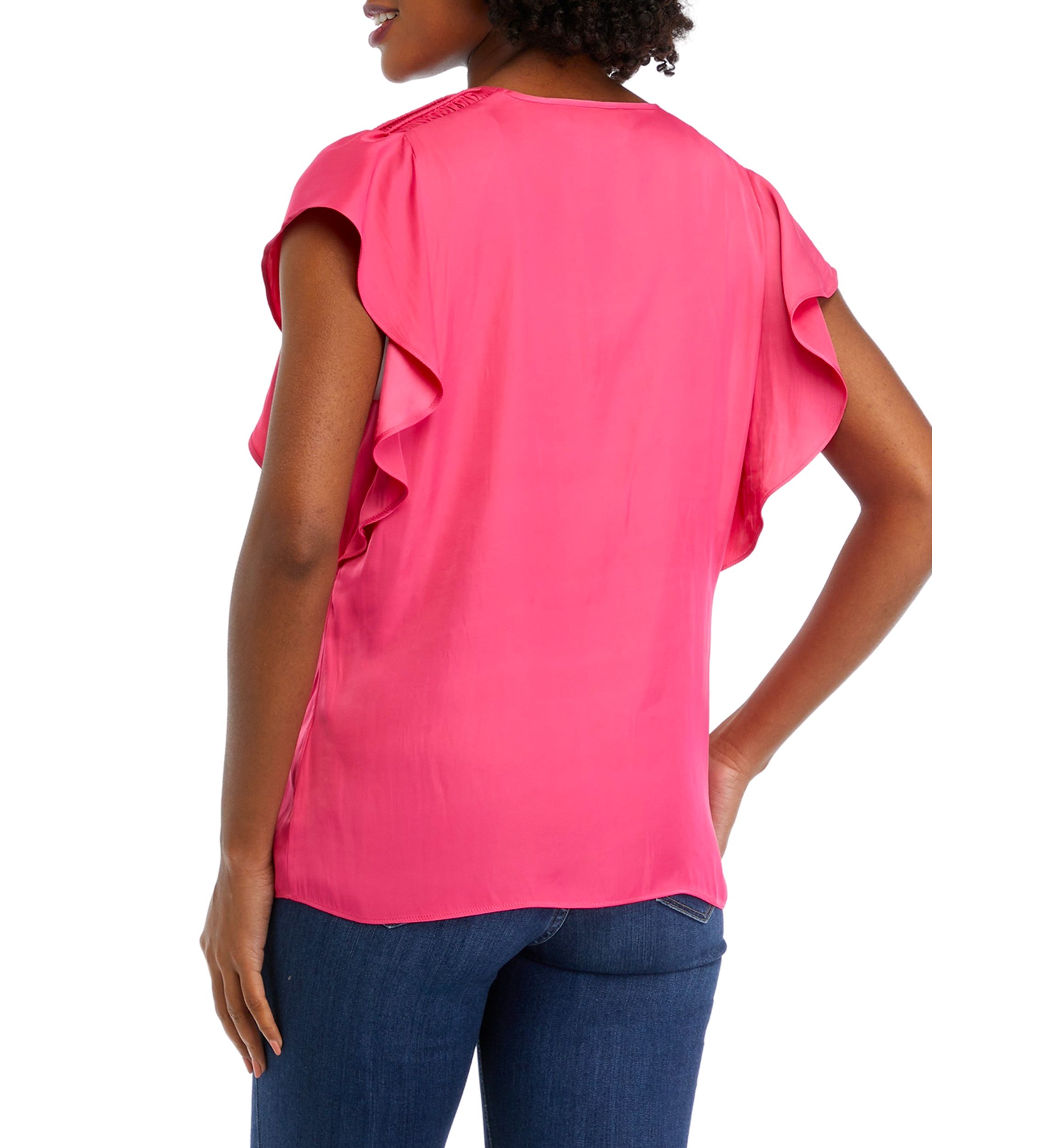 Womens Flutter Sleeve Smocked Shoulder Airflow Blouse