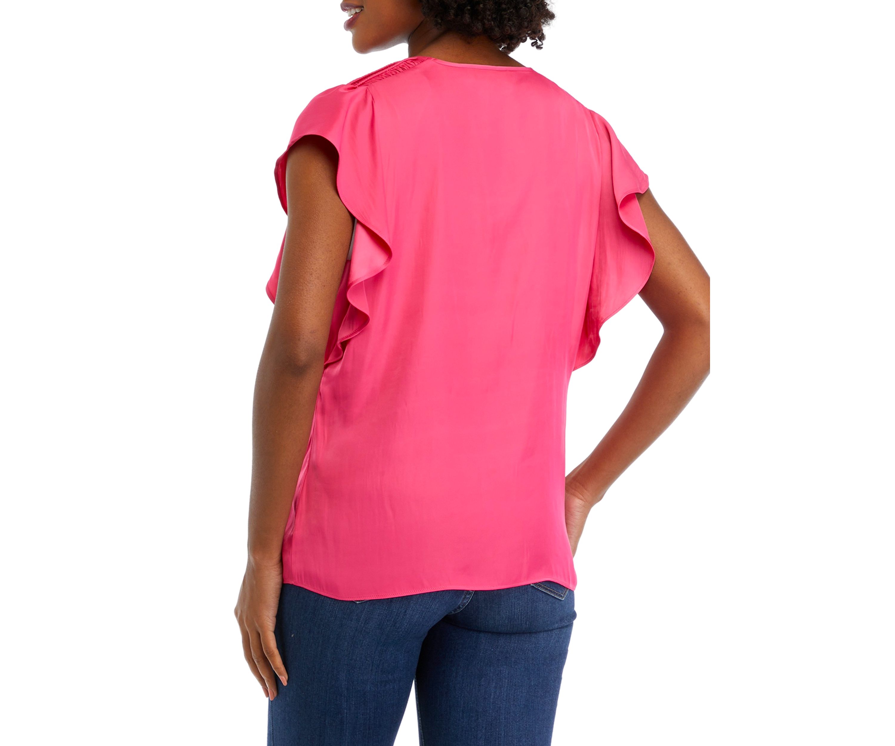 Womens Flutter Sleeve Smocked Shoulder Airflow Blouse