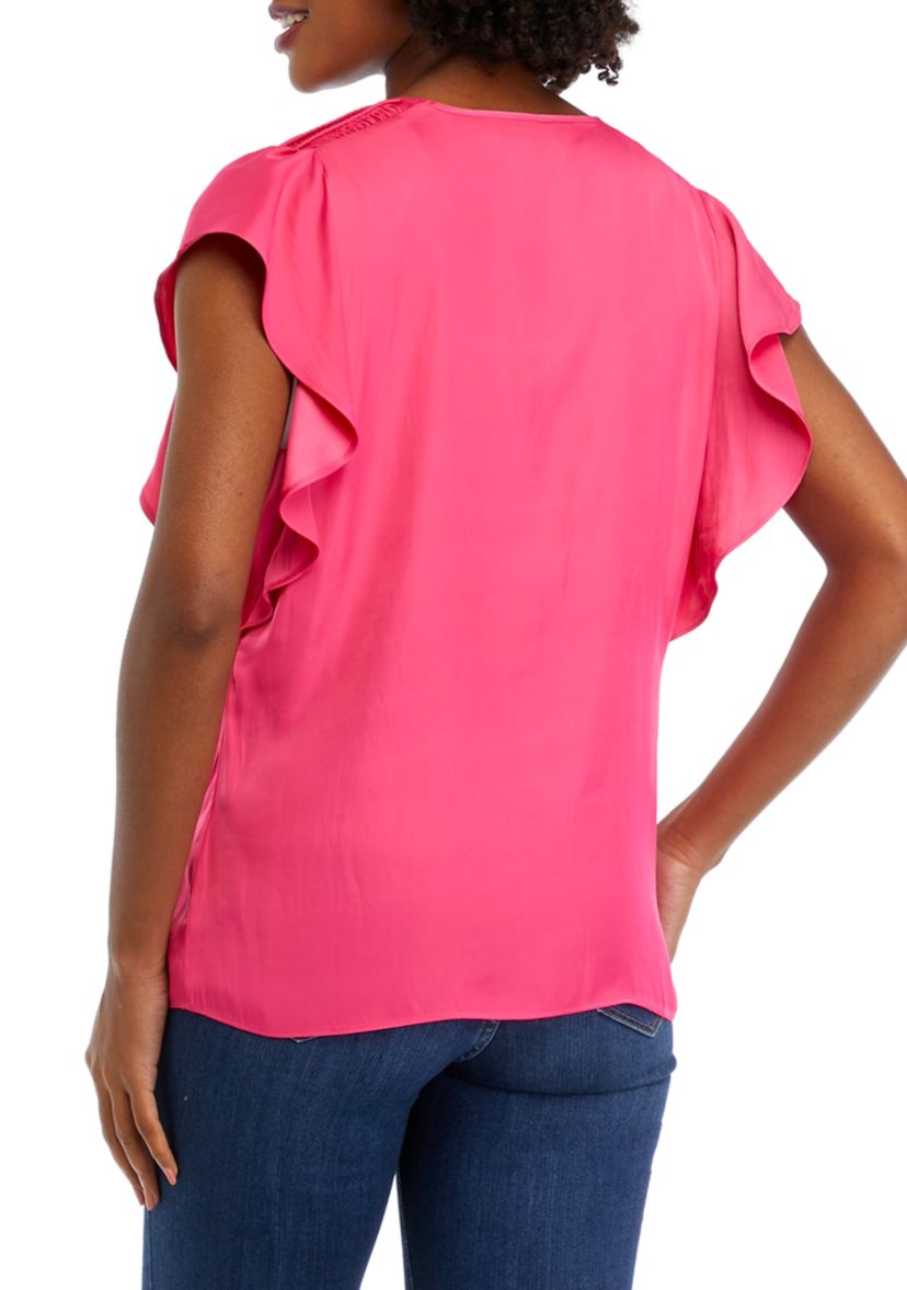 Womens Flutter Sleeve Smocked Shoulder Airflow Blouse