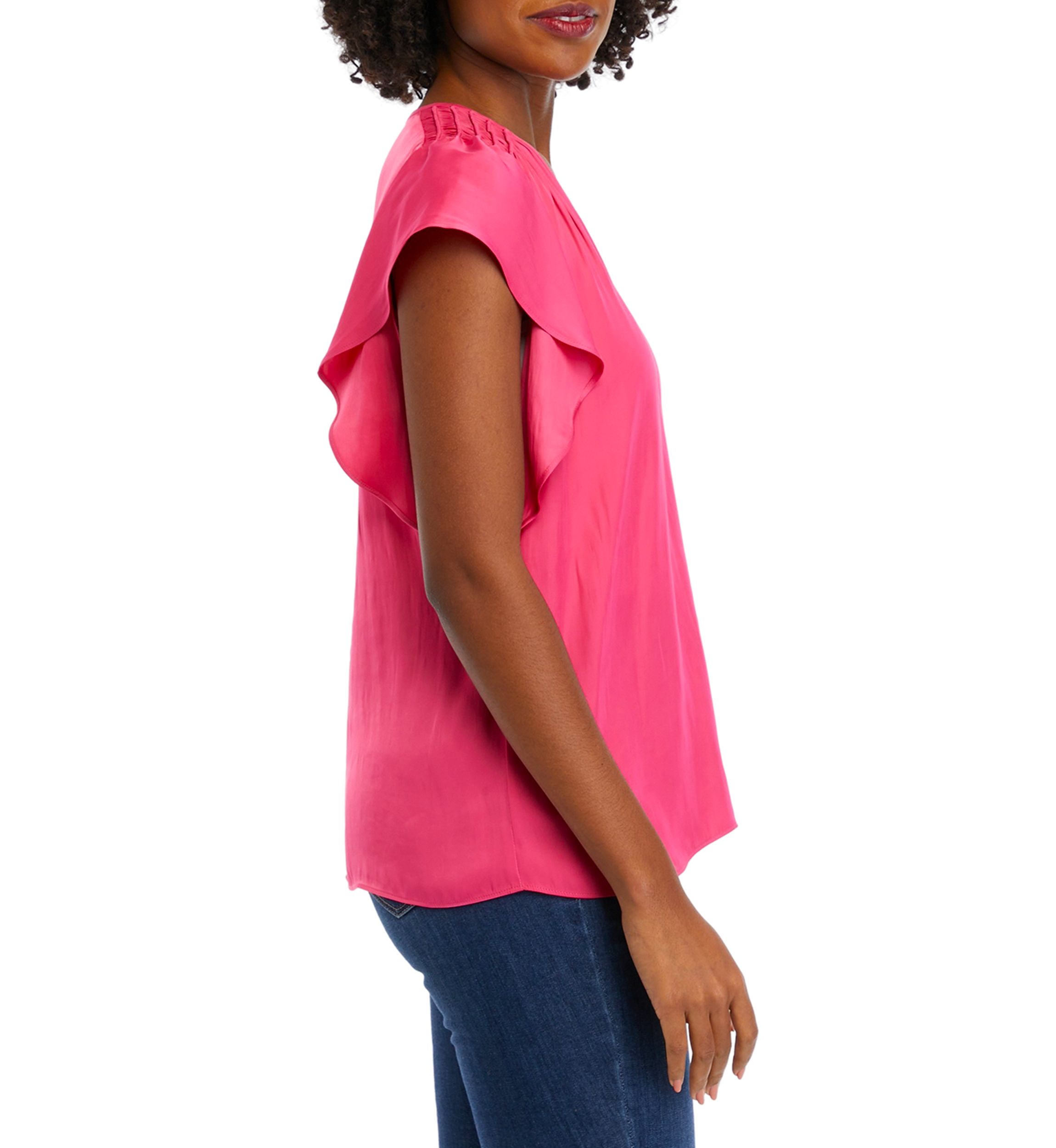 Womens Flutter Sleeve Smocked Shoulder Airflow Blouse