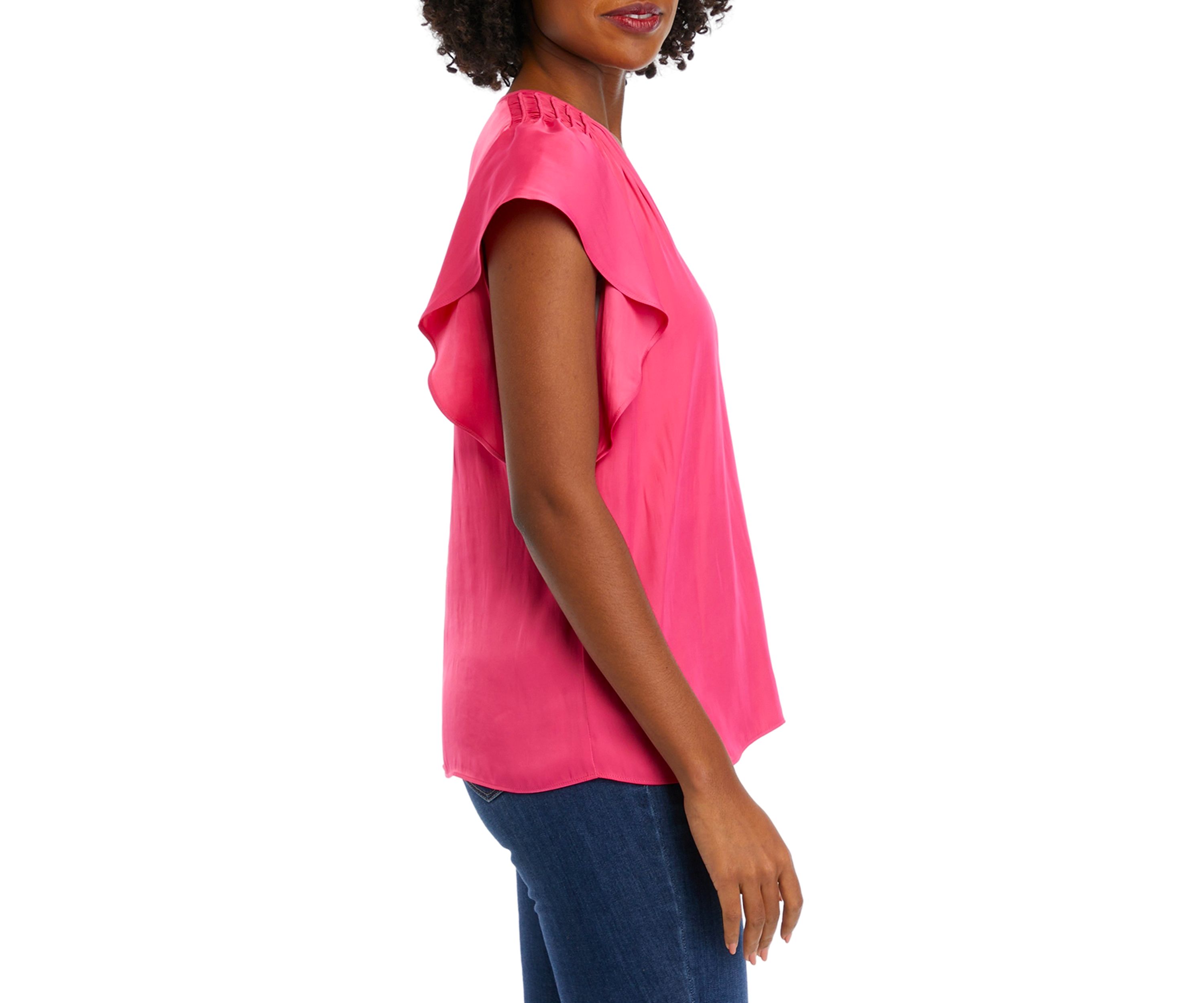 Womens Flutter Sleeve Smocked Shoulder Airflow Blouse