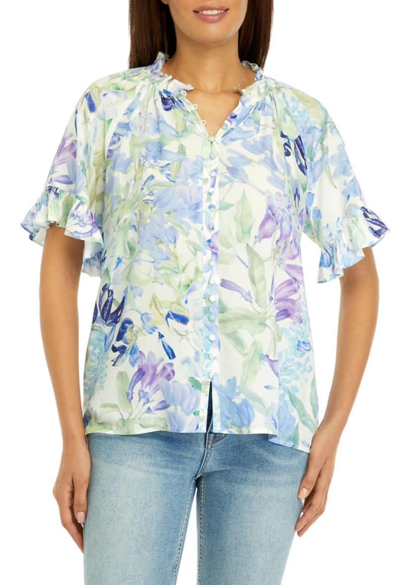 Womens Flutter Sleeve Floral Blouse