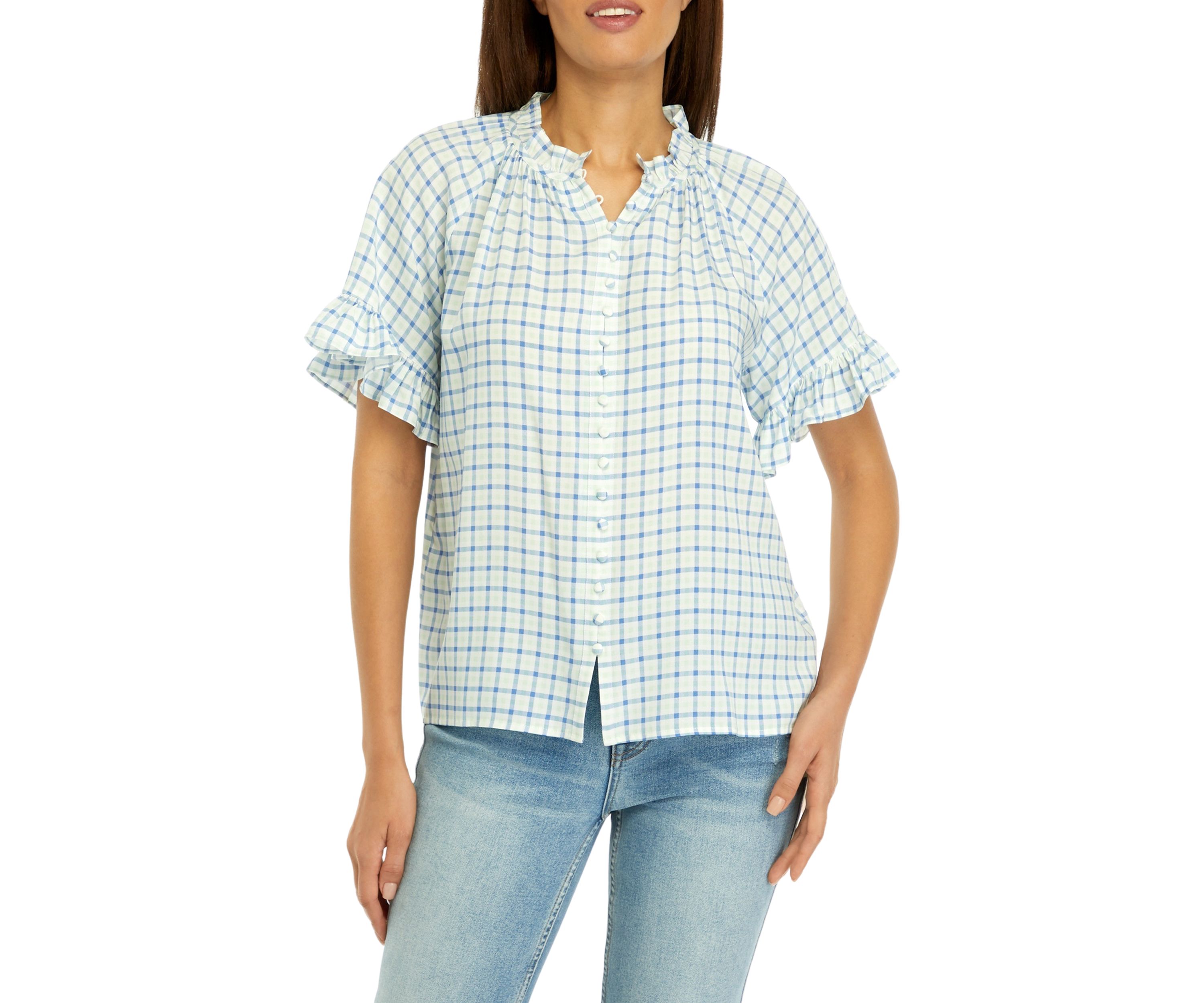 Womens Ruffle Sleeve Printed Button Up Shirt 