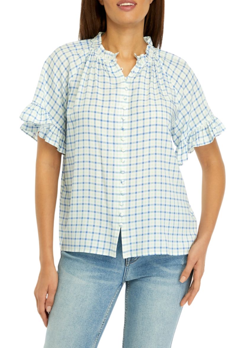 Womens Ruffle Sleeve Printed Button Up Shirt 