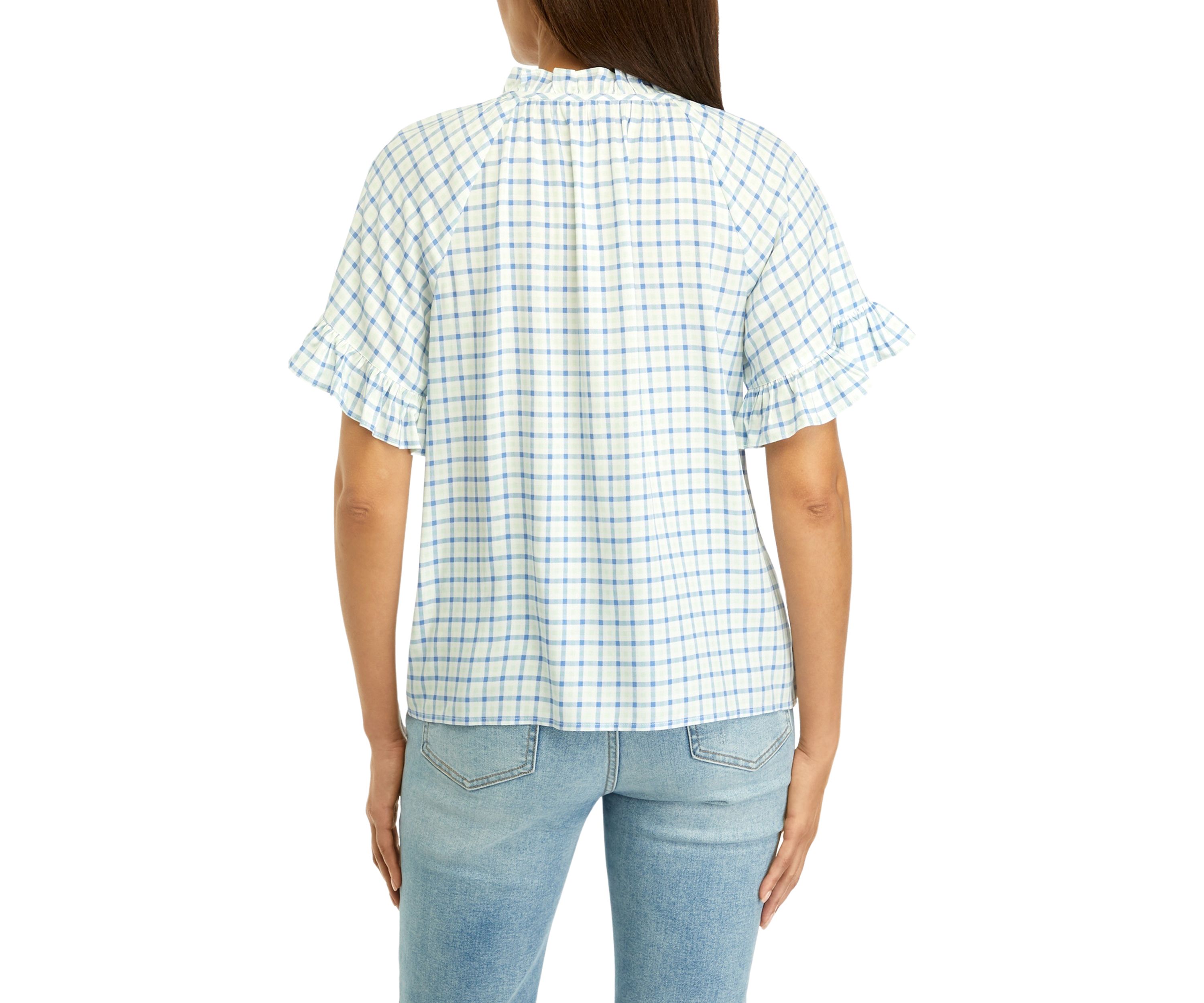 Womens Ruffle Sleeve Printed Button Up Shirt 