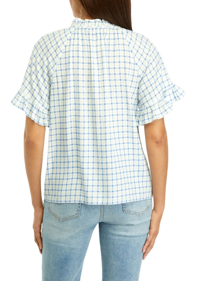 Womens Ruffle Sleeve Printed Button Up Shirt 