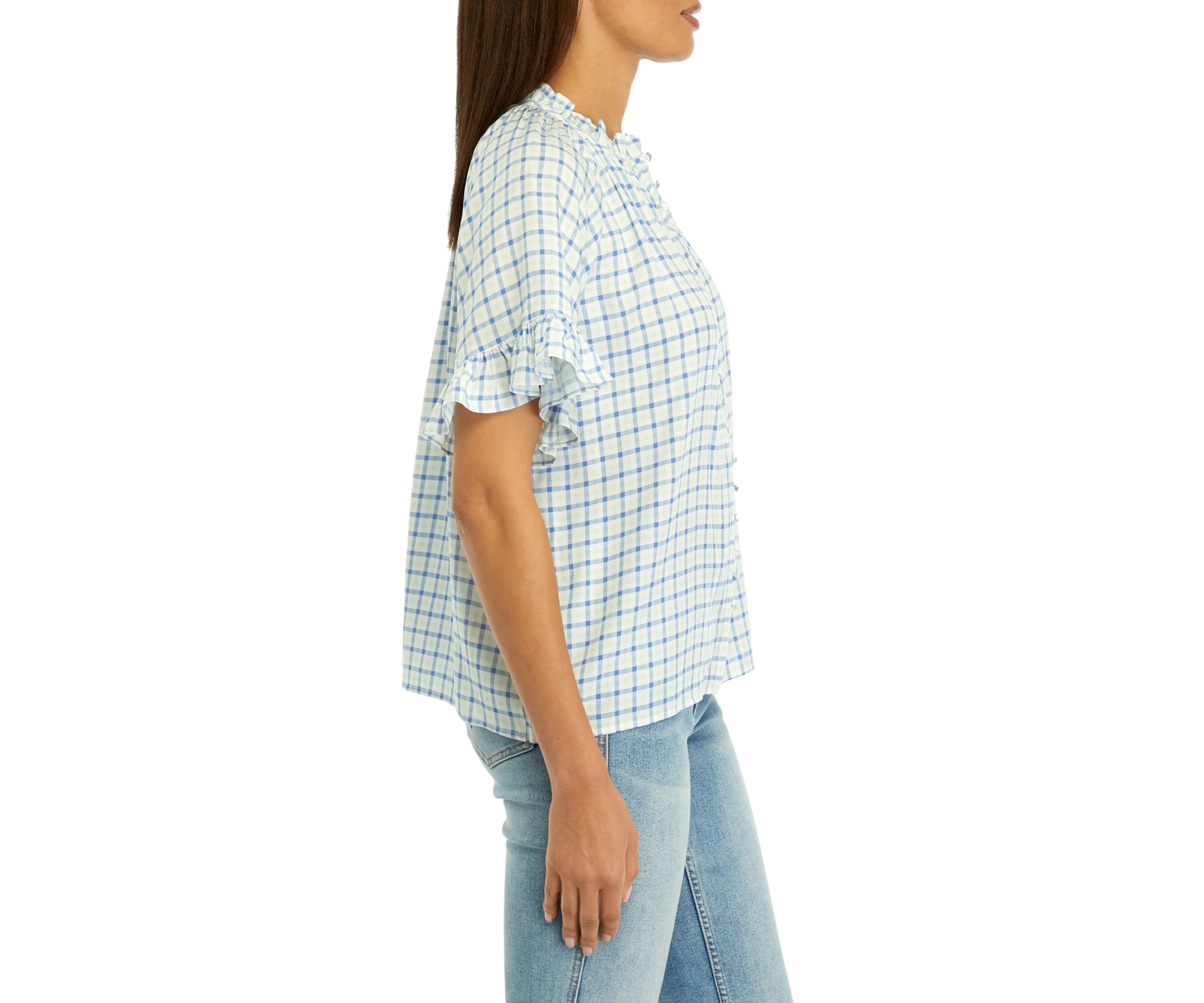Womens Ruffle Sleeve Printed Button Up Shirt 
