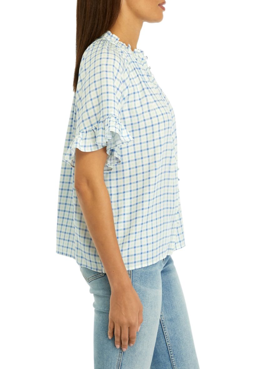 Womens Ruffle Sleeve Printed Button Up Shirt 