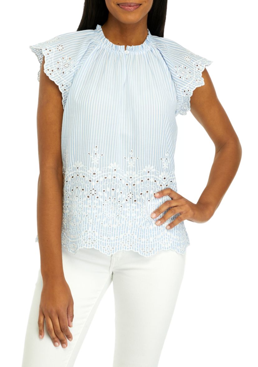 Womens Flutter Sleeve Striped Top