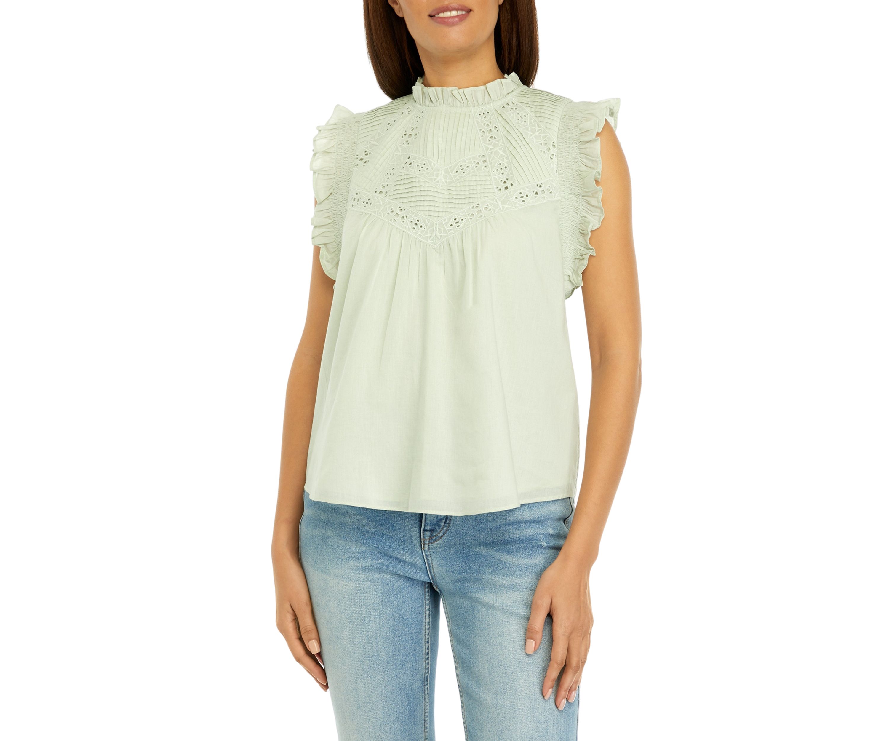 Womens Sleeveless Ruffled Embroidered Woven Top