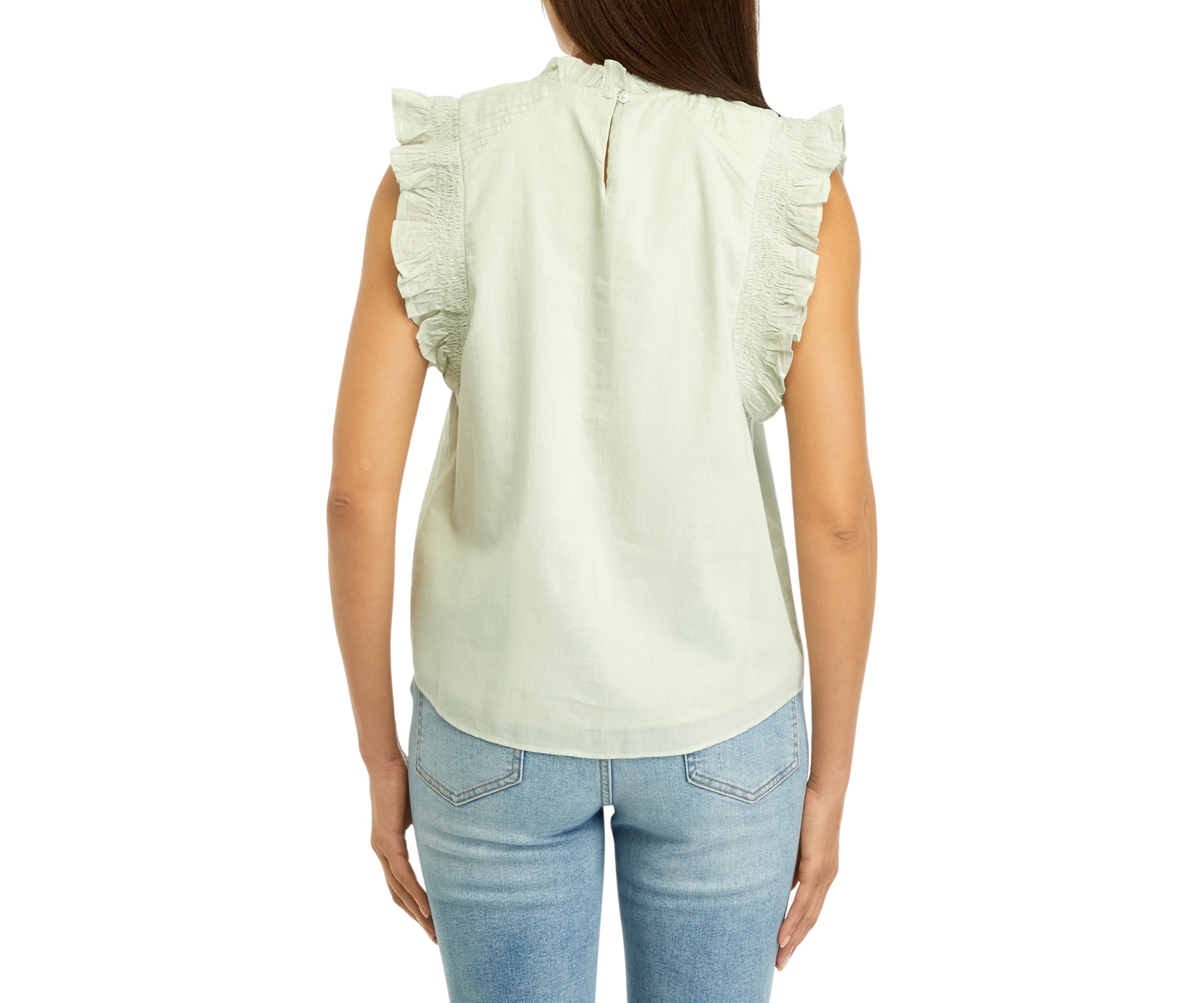 Womens Sleeveless Ruffled Embroidered Woven Top