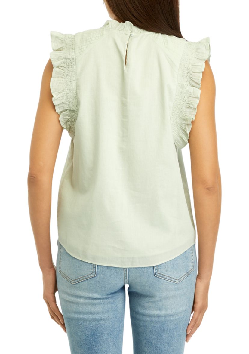 Womens Sleeveless Ruffled Embroidered Woven Top