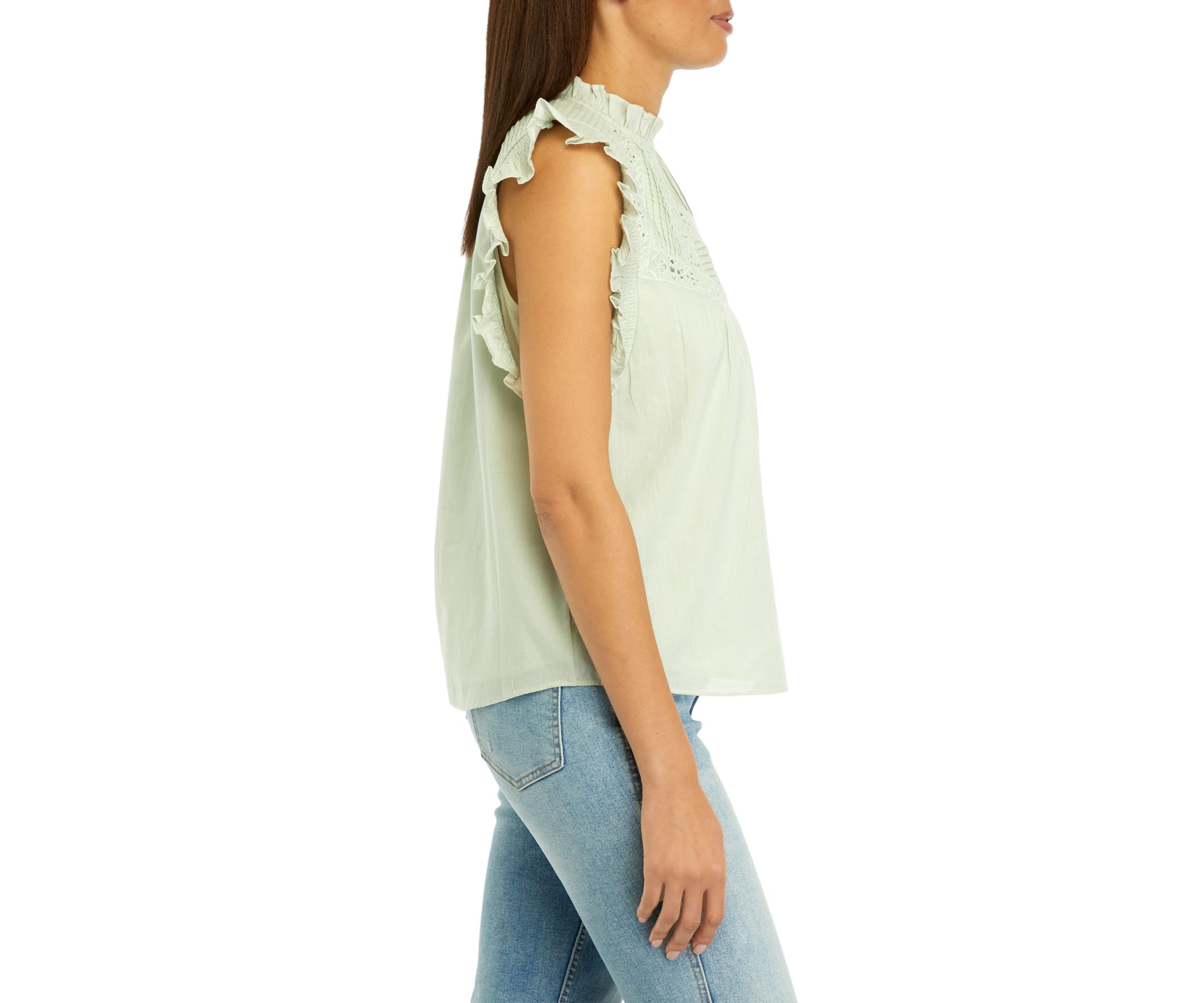 Womens Sleeveless Ruffled Embroidered Woven Top