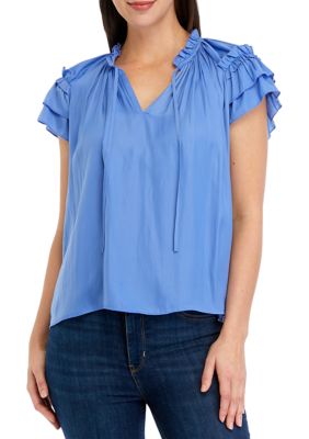 PHILOSOPHY BY REPUBLIC Women's Double Ruffle Sleeve Tie Neck Airflow Blouse, Blue, XS