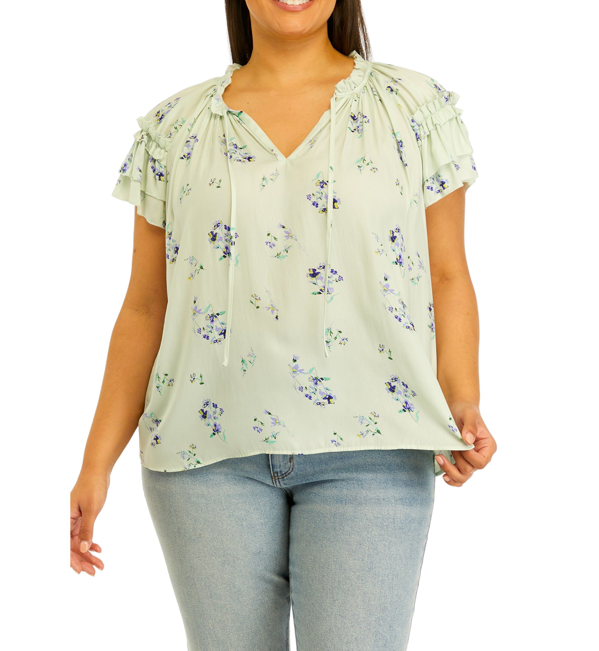 Plus Size Airflow Tie Neck Top with Layered Sleeve 