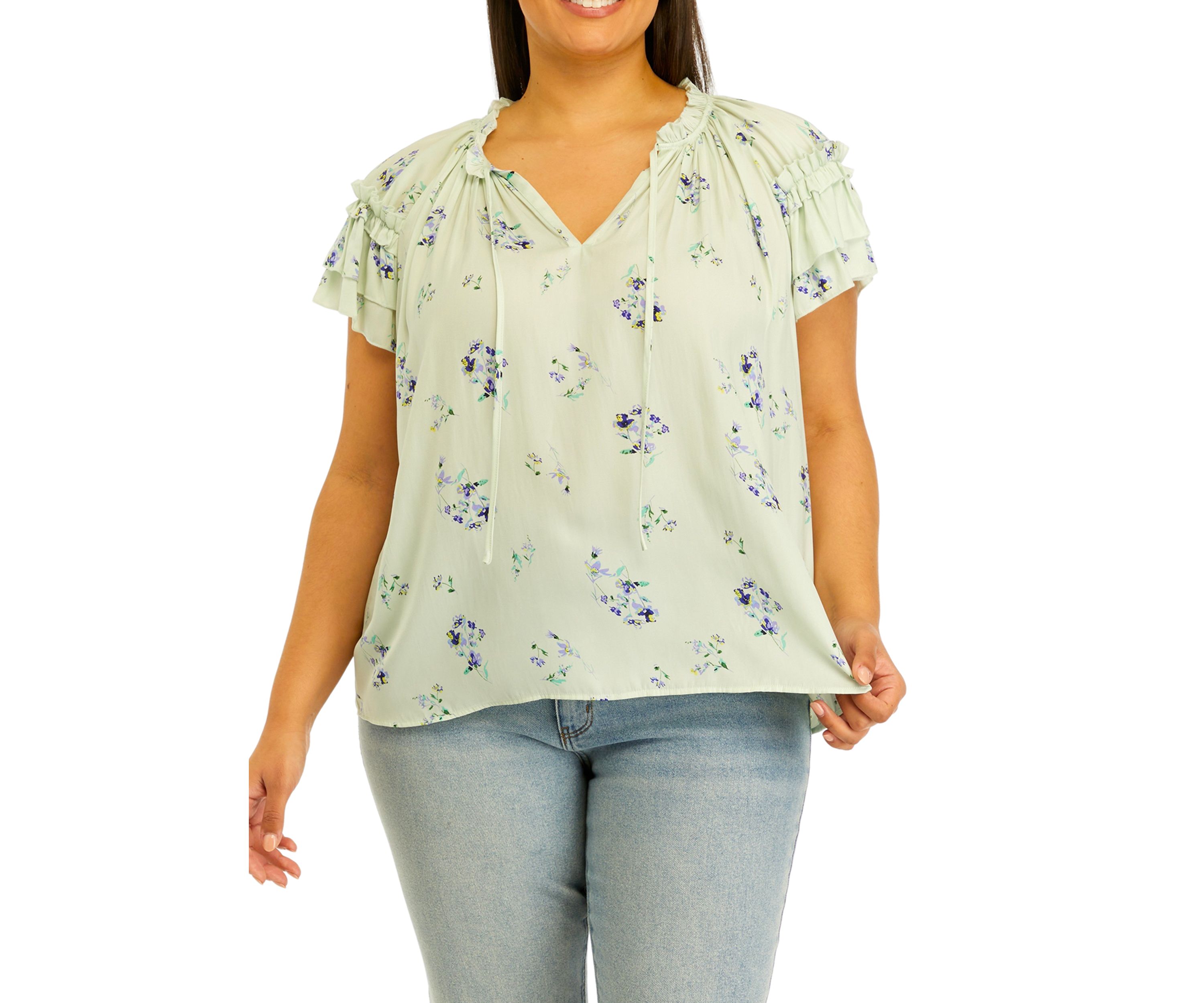 Plus Size Airflow Tie Neck Top with Layered Sleeve 
