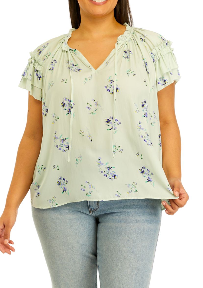 Plus Size Airflow Tie Neck Top with Layered Sleeve 