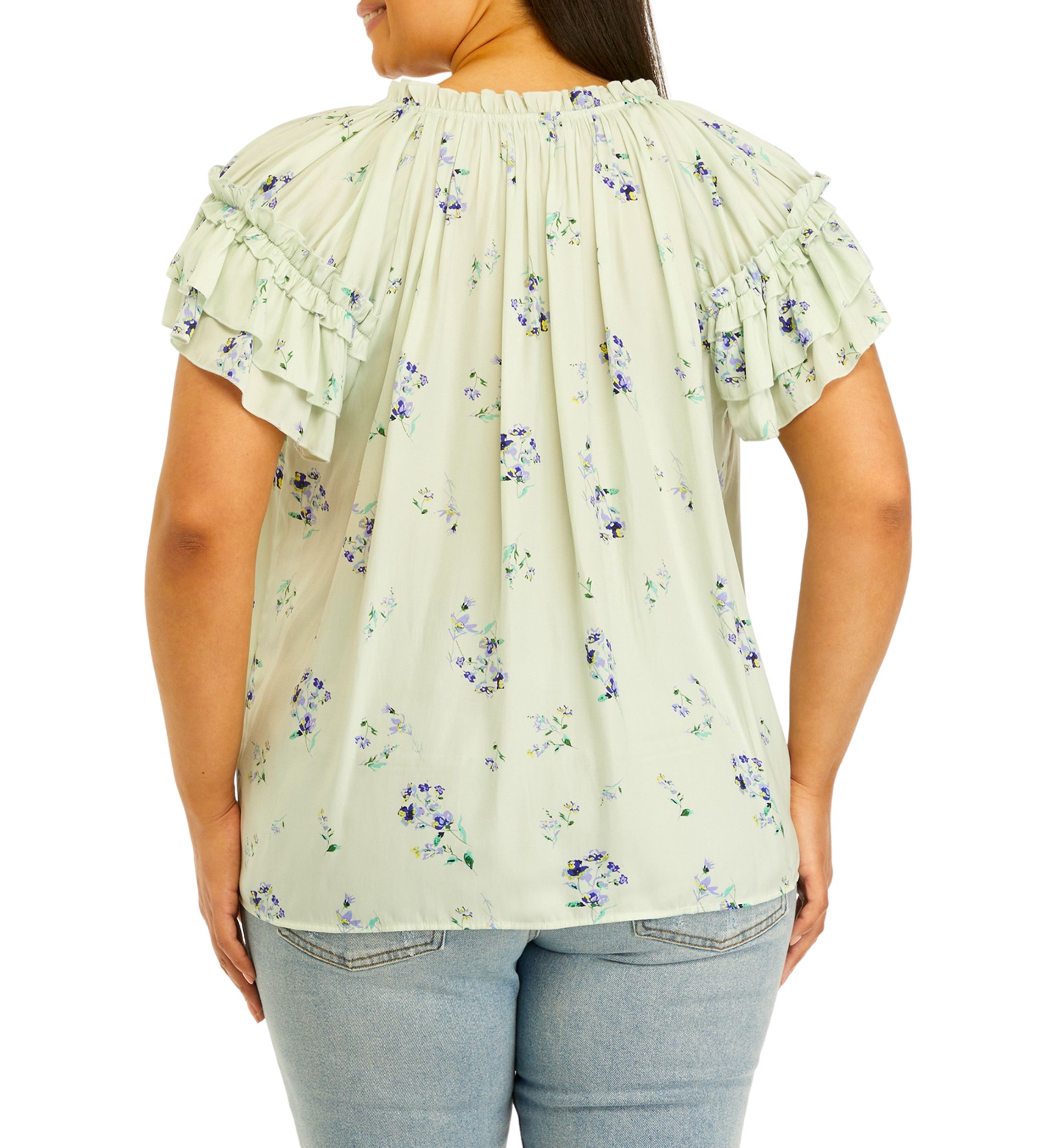 Plus Size Airflow Tie Neck Top with Layered Sleeve 