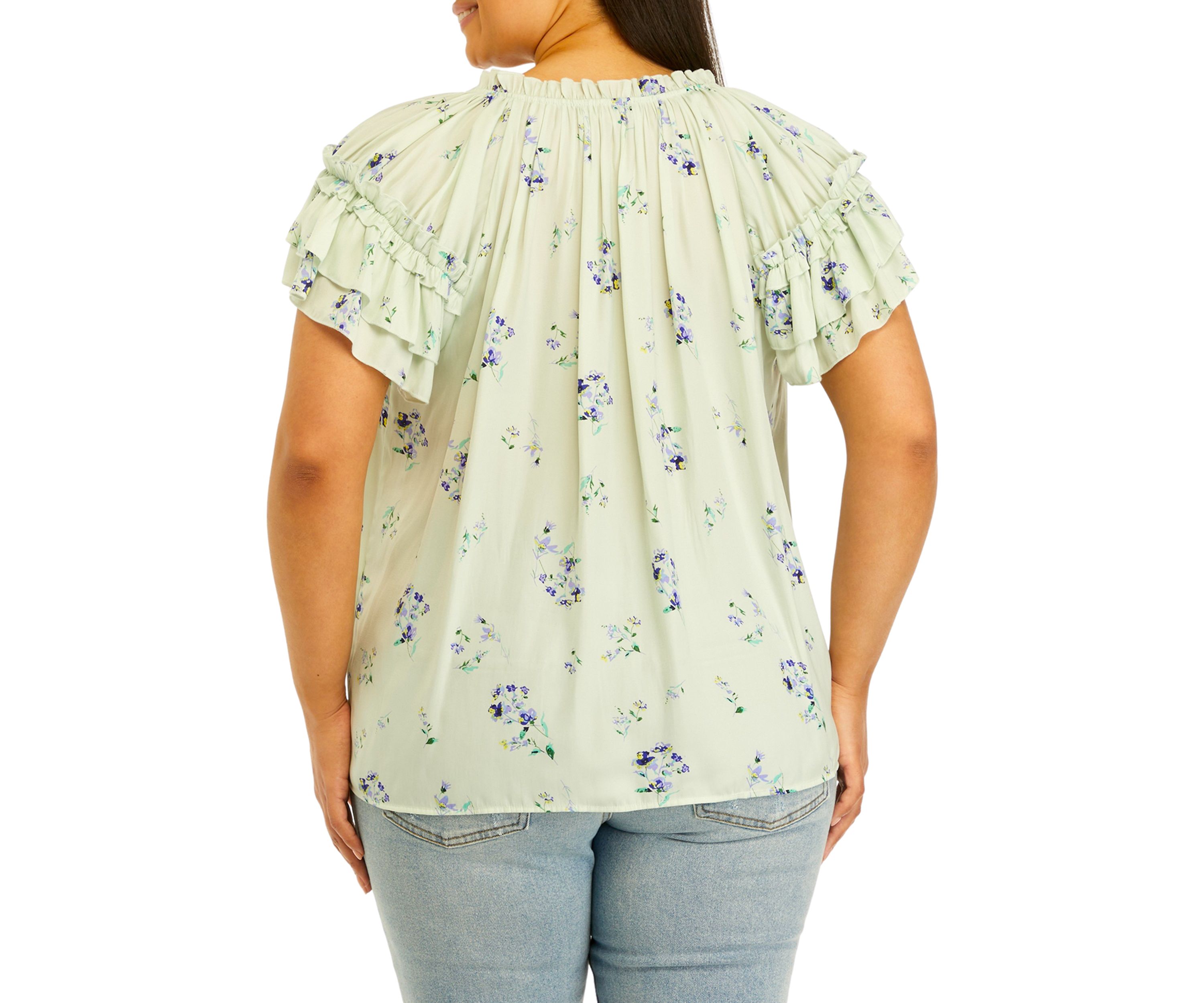 Plus Size Airflow Tie Neck Top with Layered Sleeve 