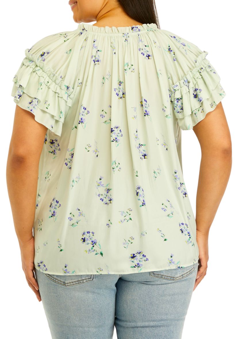 Plus Size Airflow Tie Neck Top with Layered Sleeve 