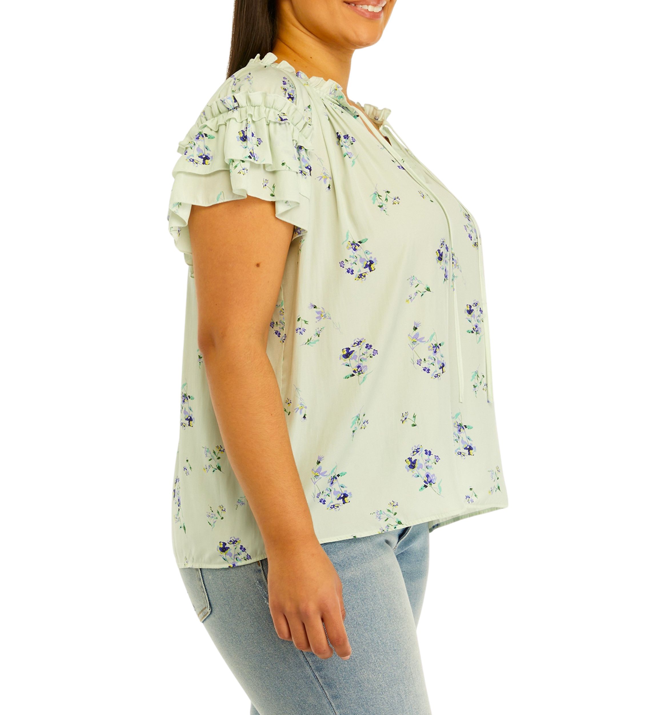 Plus Size Airflow Tie Neck Top with Layered Sleeve 