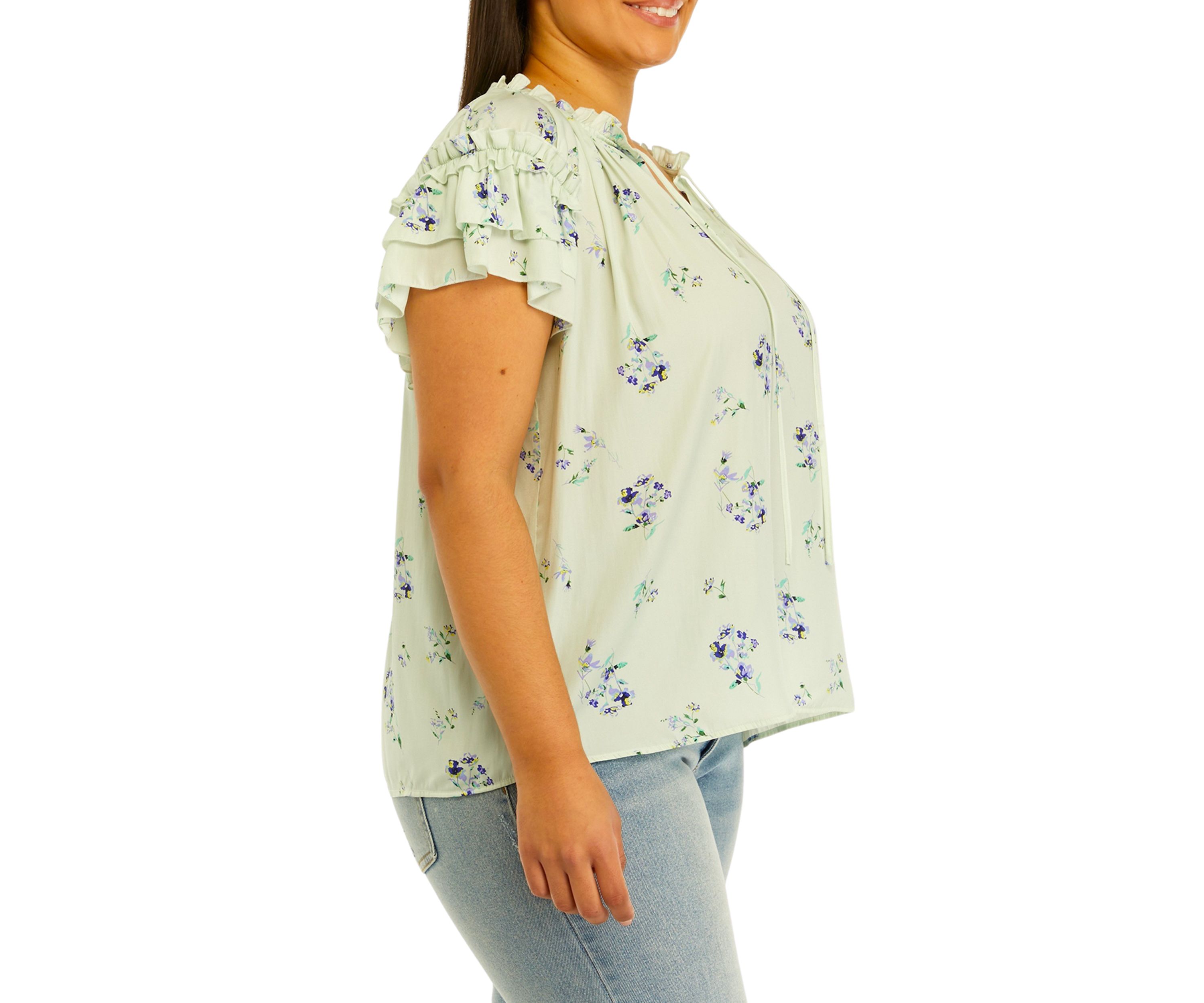 Plus Size Airflow Tie Neck Top with Layered Sleeve 