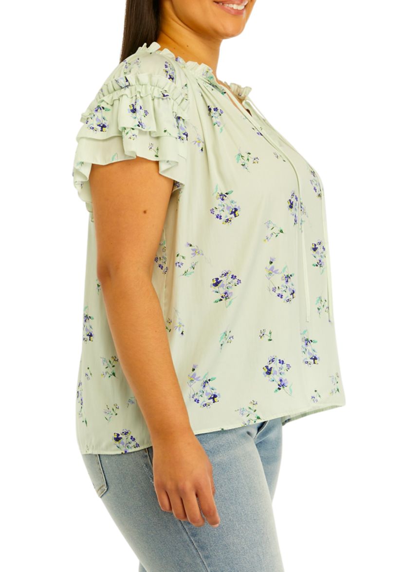 Plus Size Airflow Tie Neck Top with Layered Sleeve 