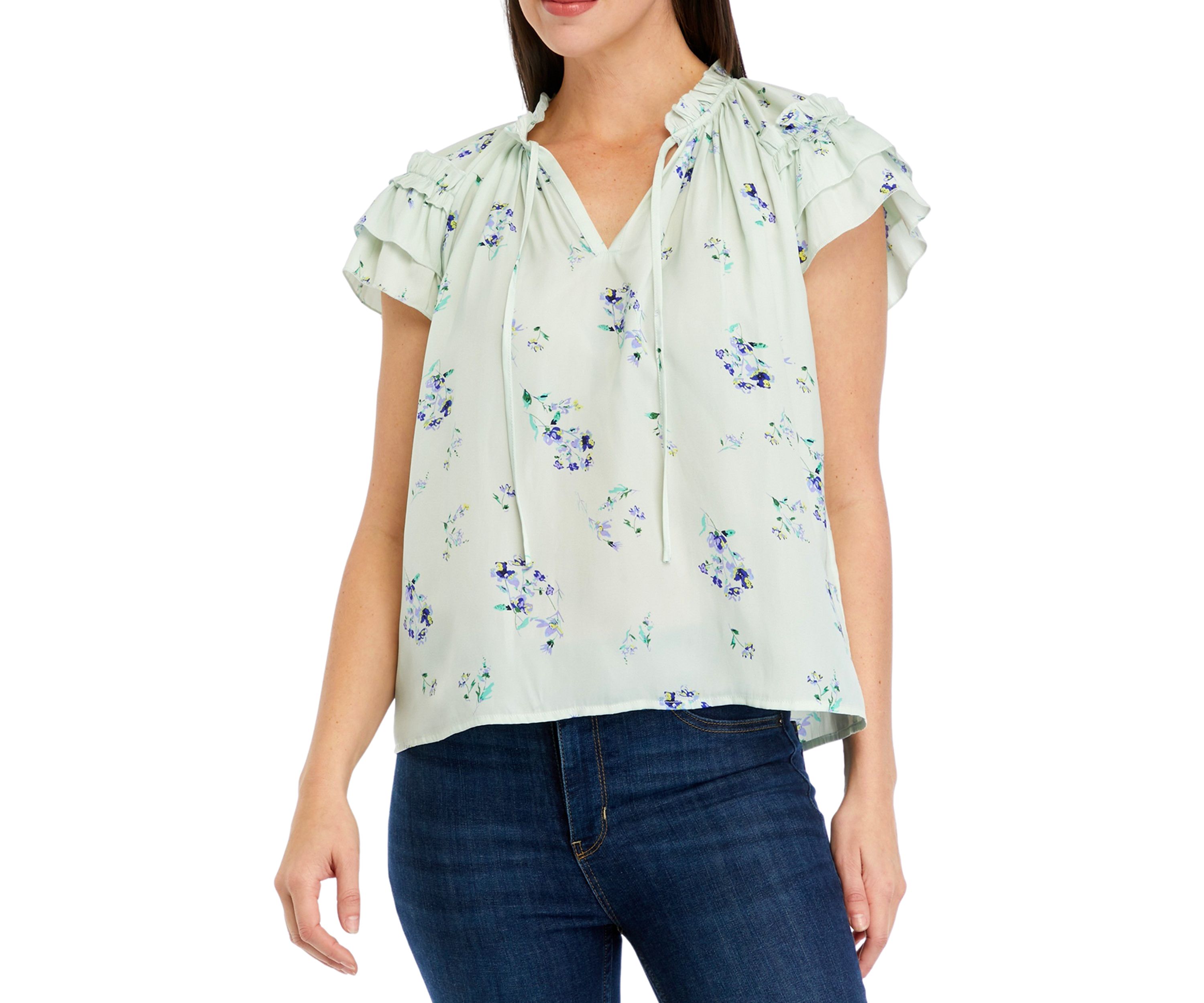 Womens Double Ruffle Sleeve Tie Neck Airflow Blouse