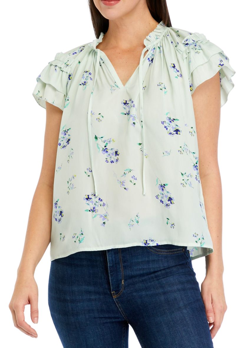 Womens Double Ruffle Sleeve Tie Neck Airflow Blouse