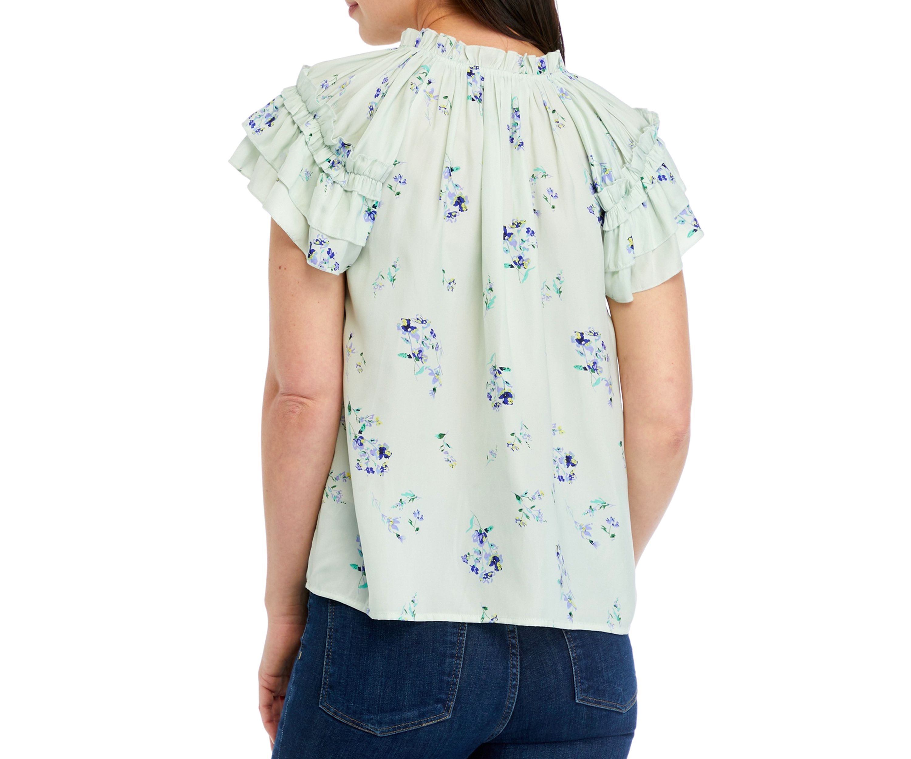Womens Double Ruffle Sleeve Tie Neck Airflow Blouse