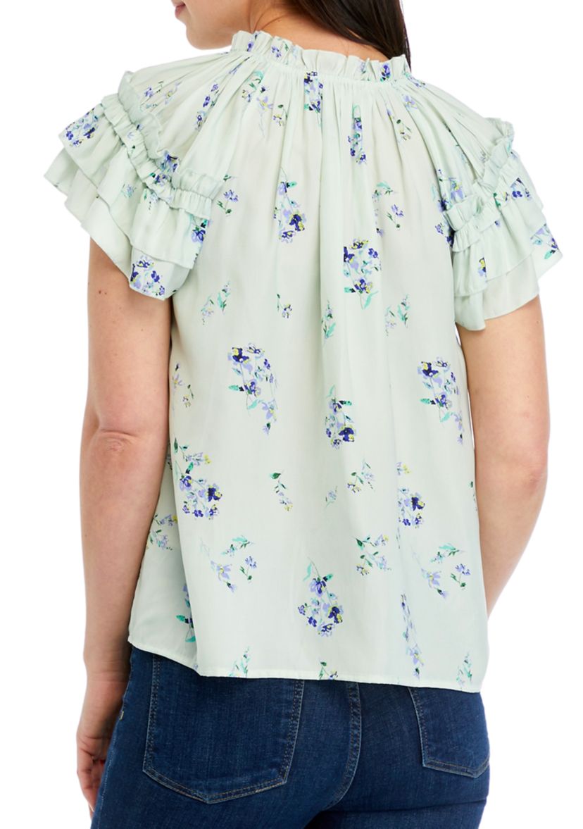 Womens Double Ruffle Sleeve Tie Neck Airflow Blouse