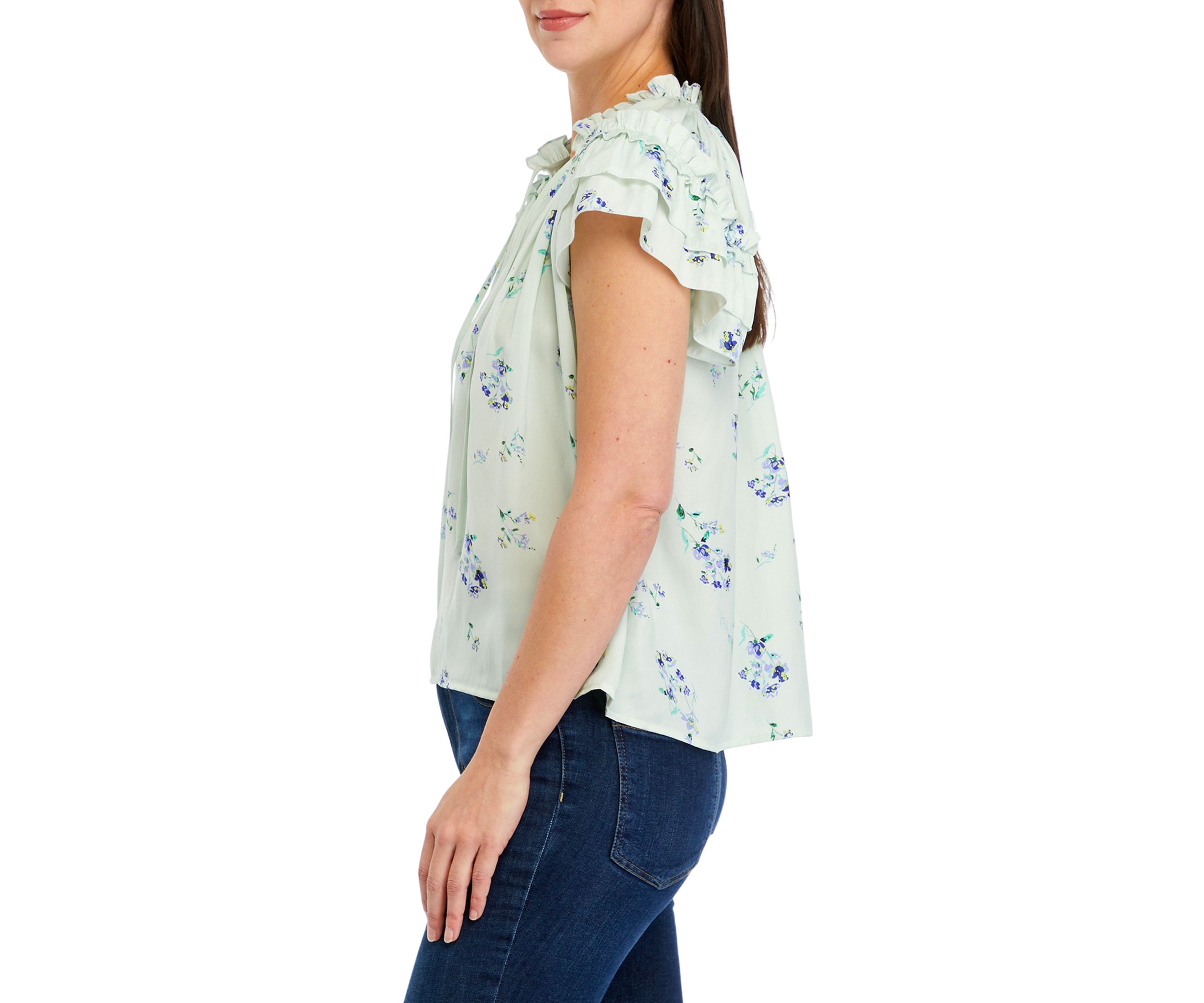 Womens Double Ruffle Sleeve Tie Neck Airflow Blouse