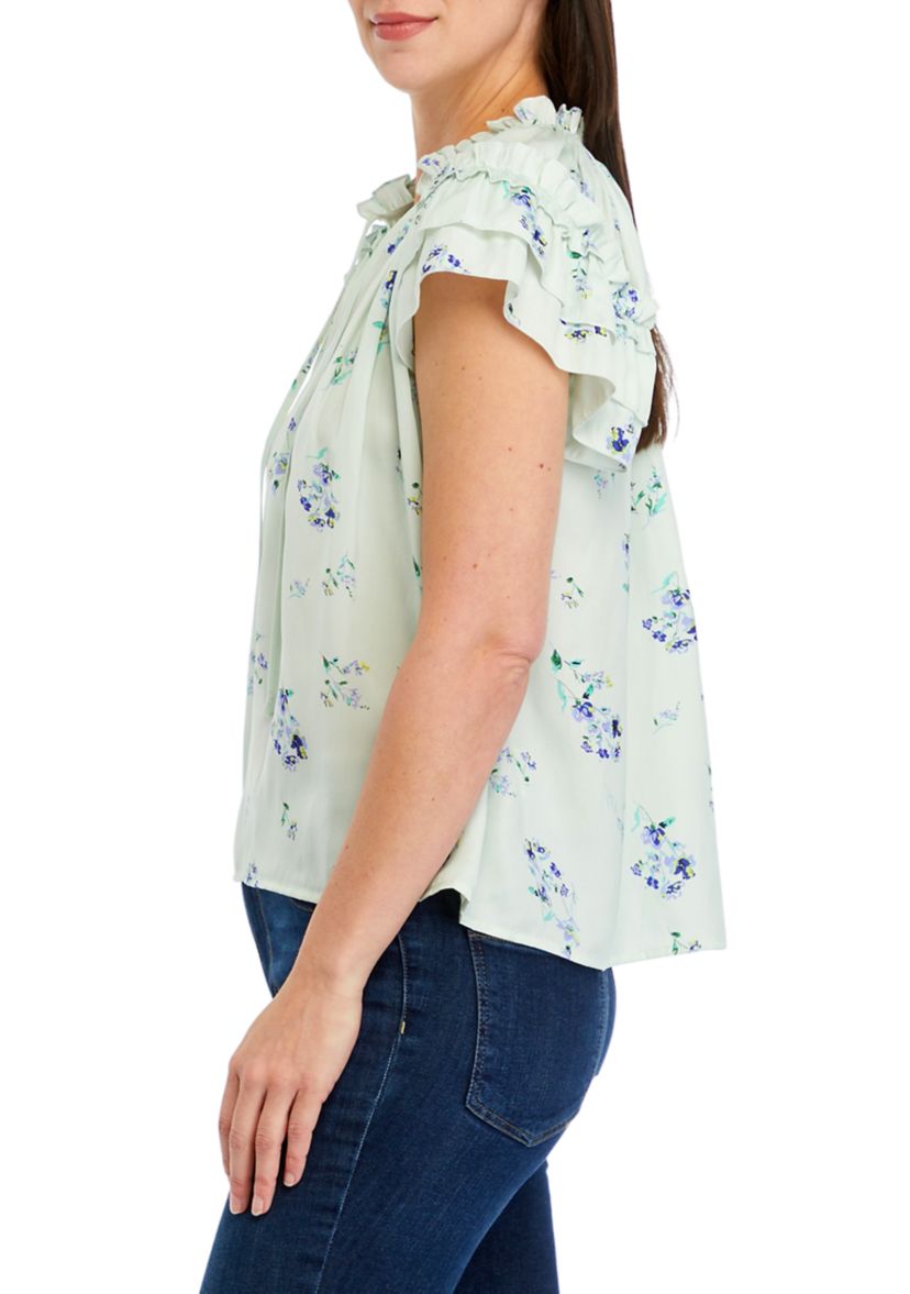 Womens Double Ruffle Sleeve Tie Neck Airflow Blouse