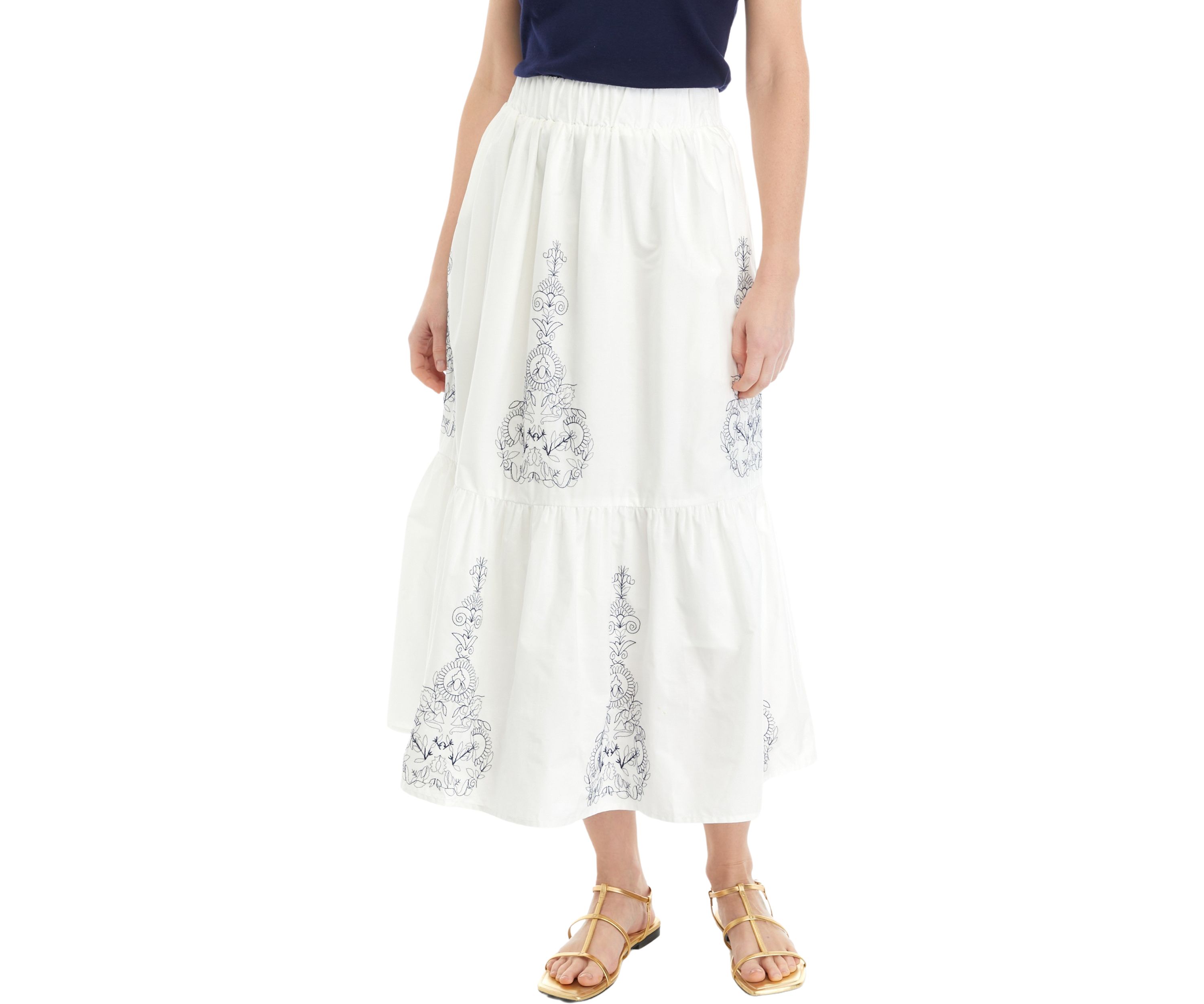 Womens Embroidered Tiered Midi Skirt