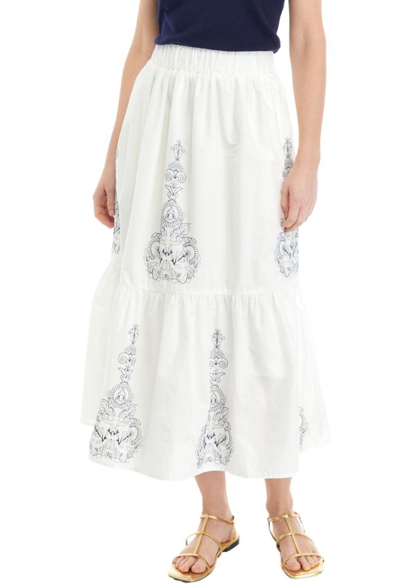 Womens Embroidered Tiered Midi Skirt