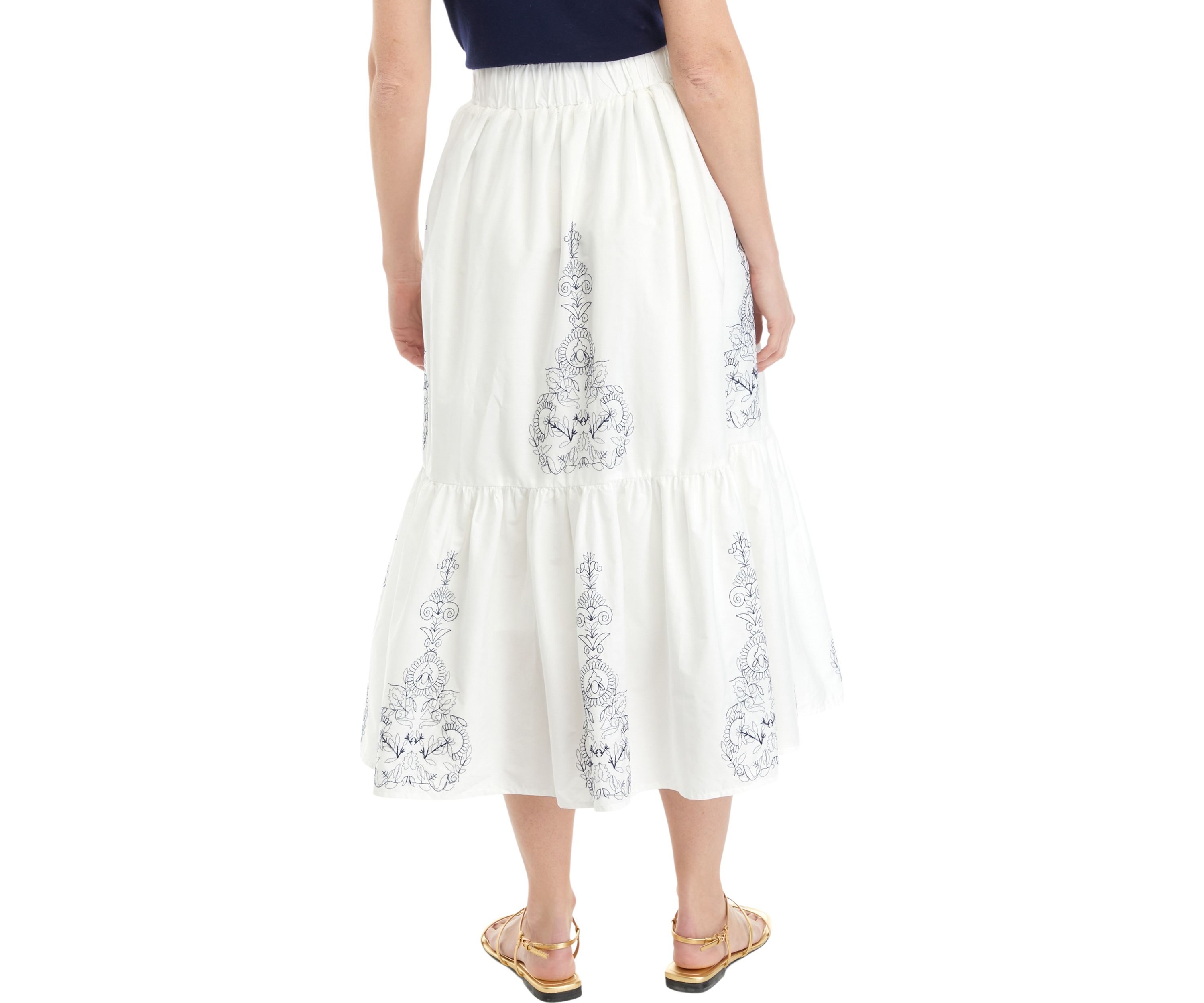 Womens Embroidered Tiered Midi Skirt