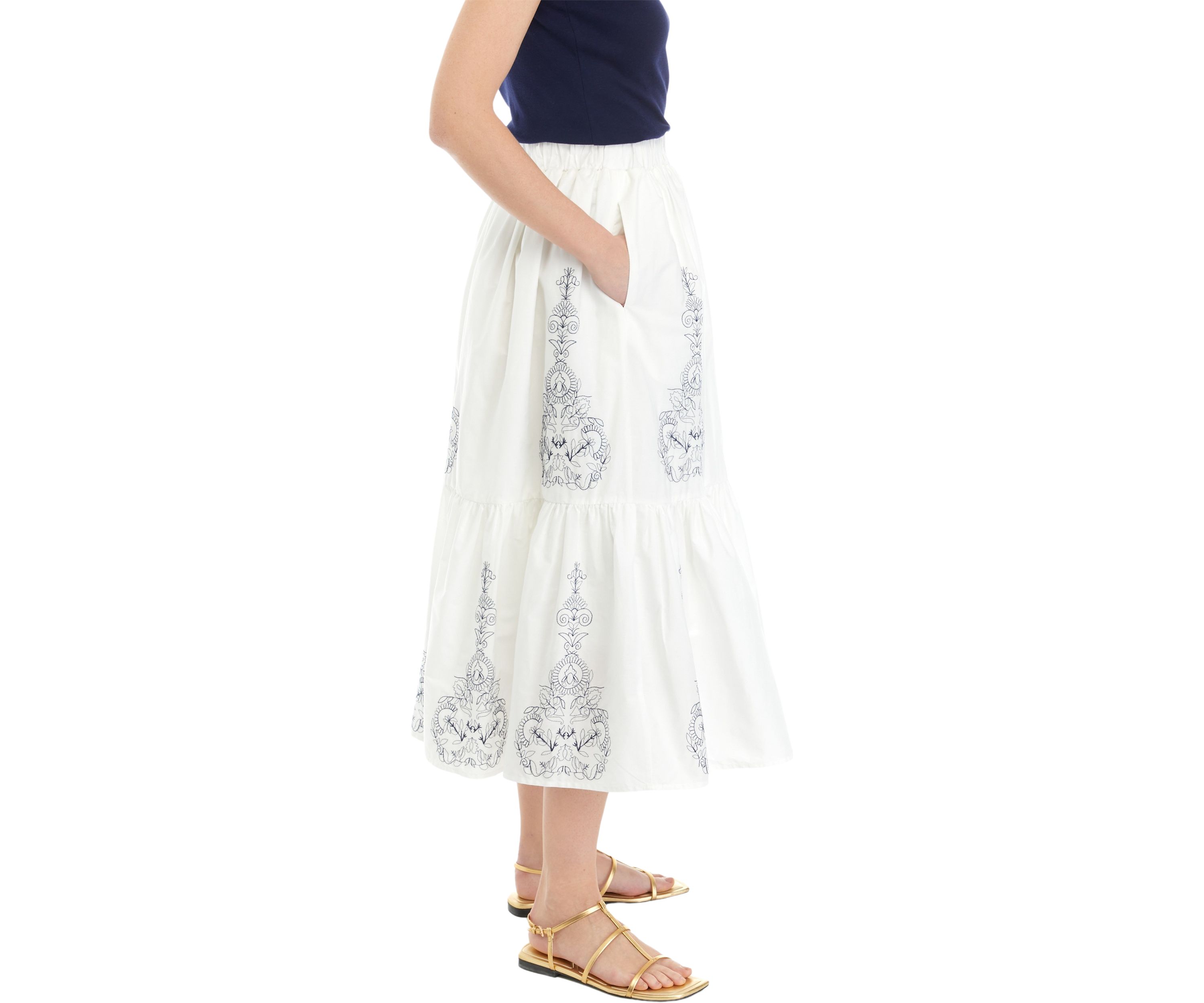 Womens Embroidered Tiered Midi Skirt