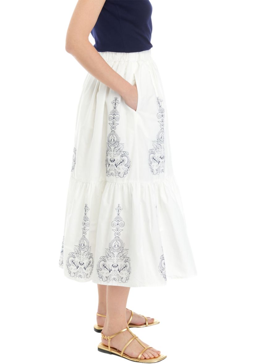 Womens Embroidered Tiered Midi Skirt