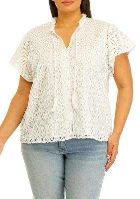 PHILOSOPHY BY REPUBLIC Women's Plus Size Novelty Eyelet Top with Ruffle Details