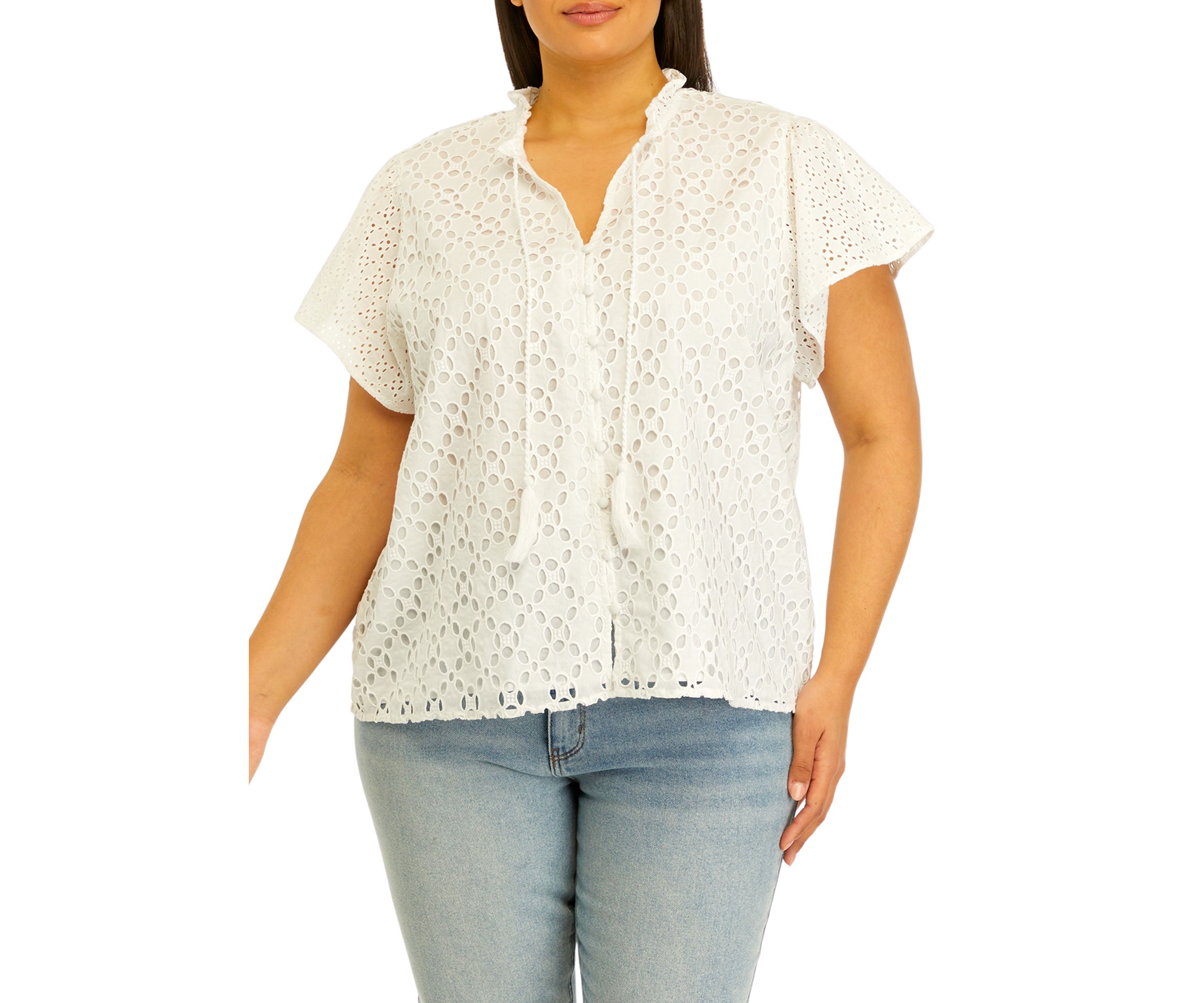 Plus Size Novelty Eyelet Top with Ruffle Details