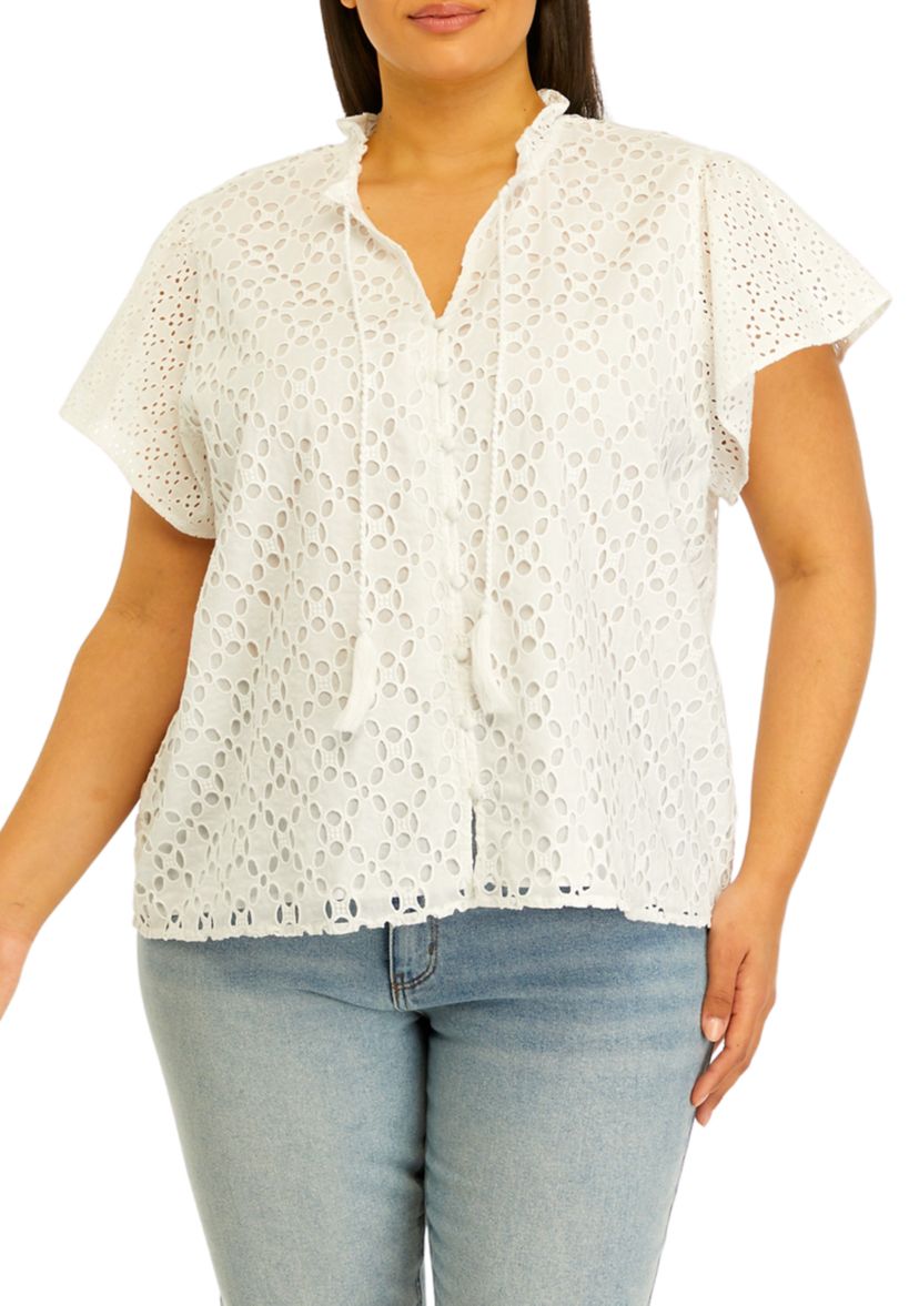 Plus Size Novelty Eyelet Top with Ruffle Details
