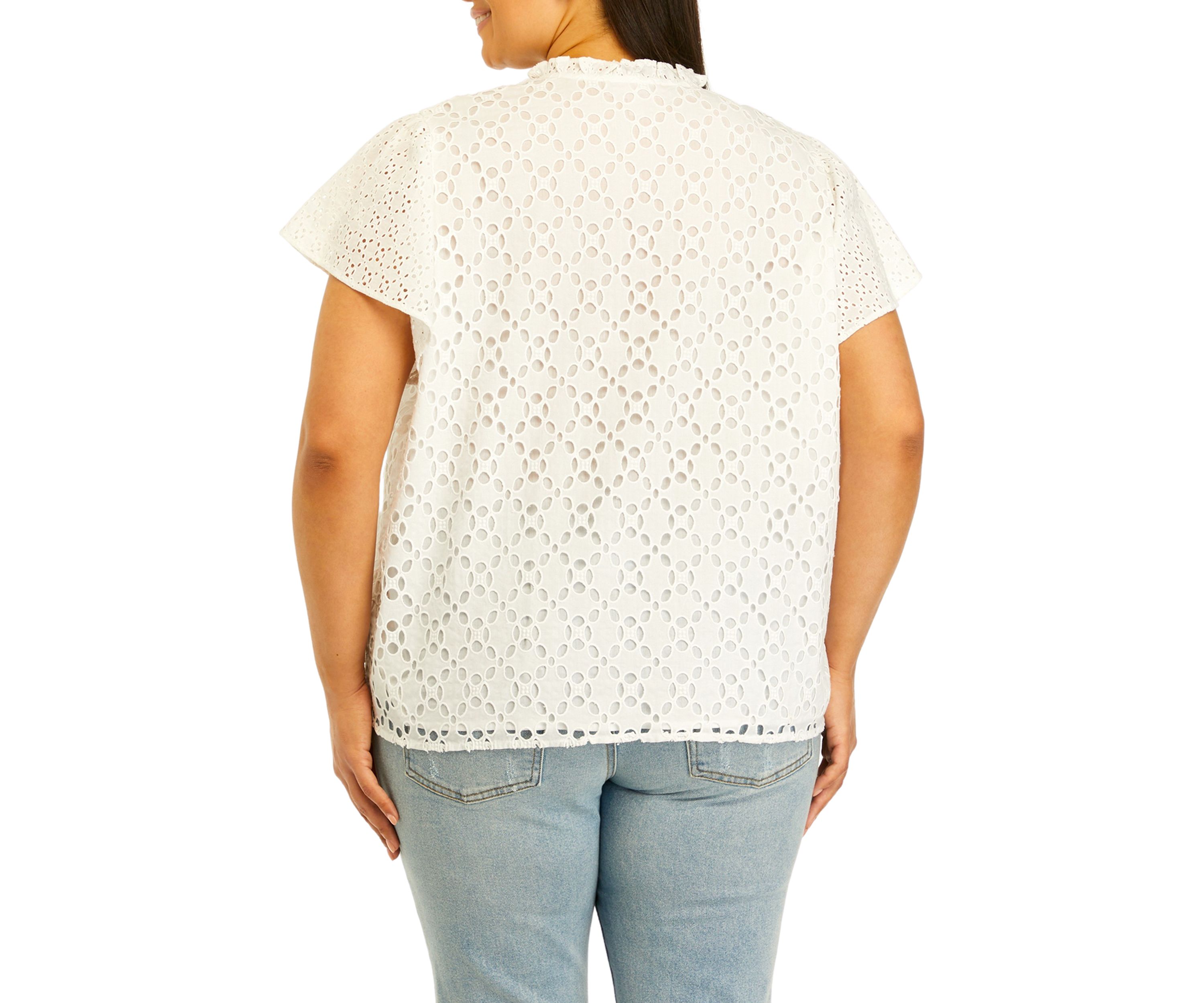 Plus Size Novelty Eyelet Top with Ruffle Details
