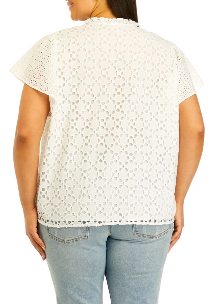 Plus Size Novelty Eyelet Top with Ruffle Details