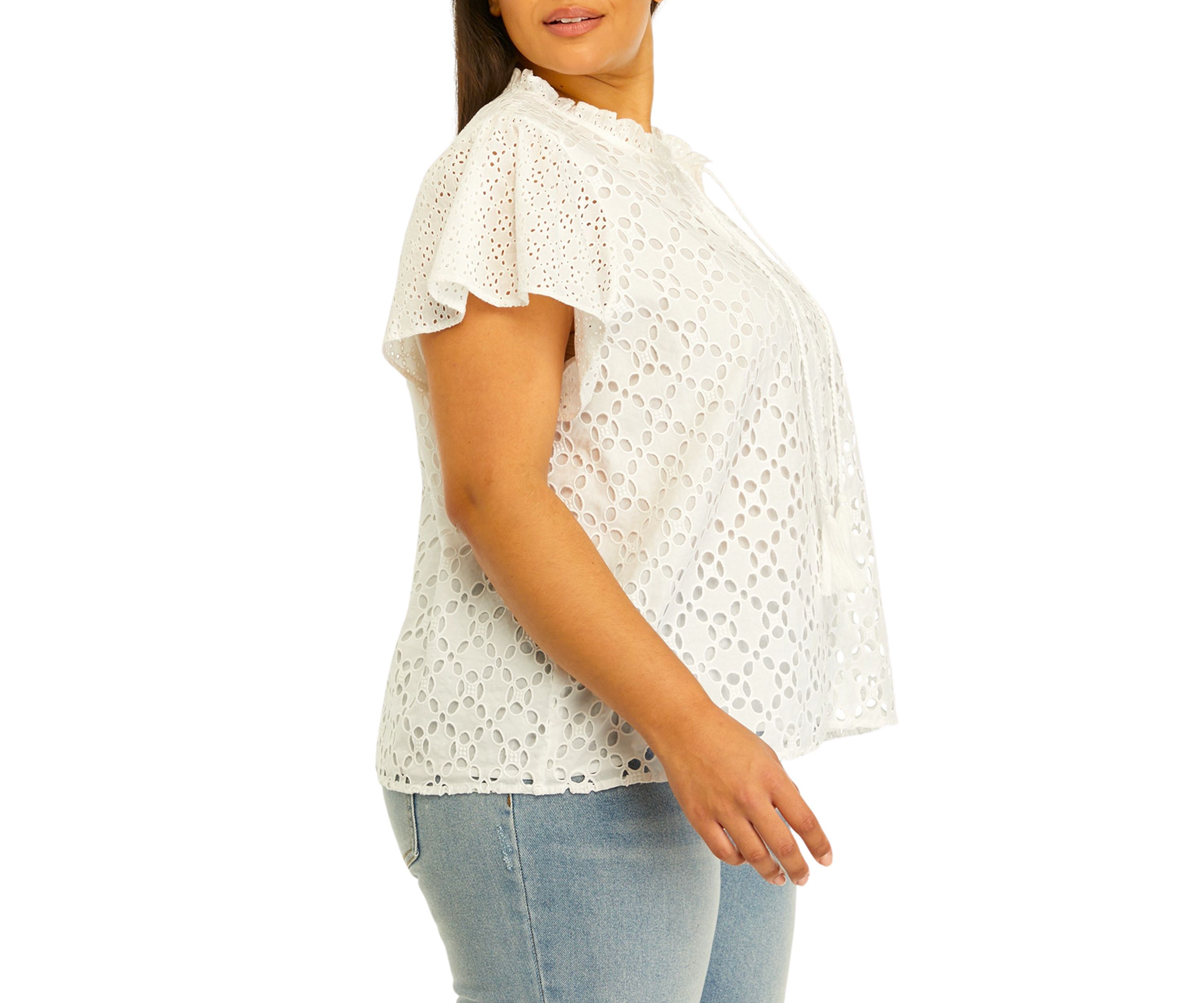 Plus Size Novelty Eyelet Top with Ruffle Details