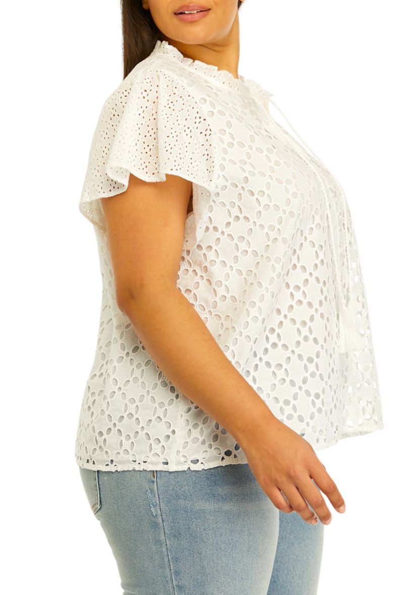 Plus Size Novelty Eyelet Top with Ruffle Details