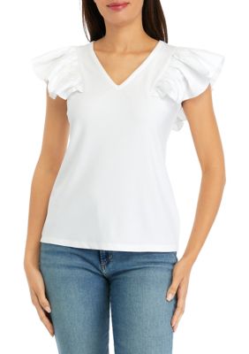 PHILOSOPHY BY REPUBLIC Women's Ruffle Sleeve V-Neck Mixed Media Knit Top, White, XS