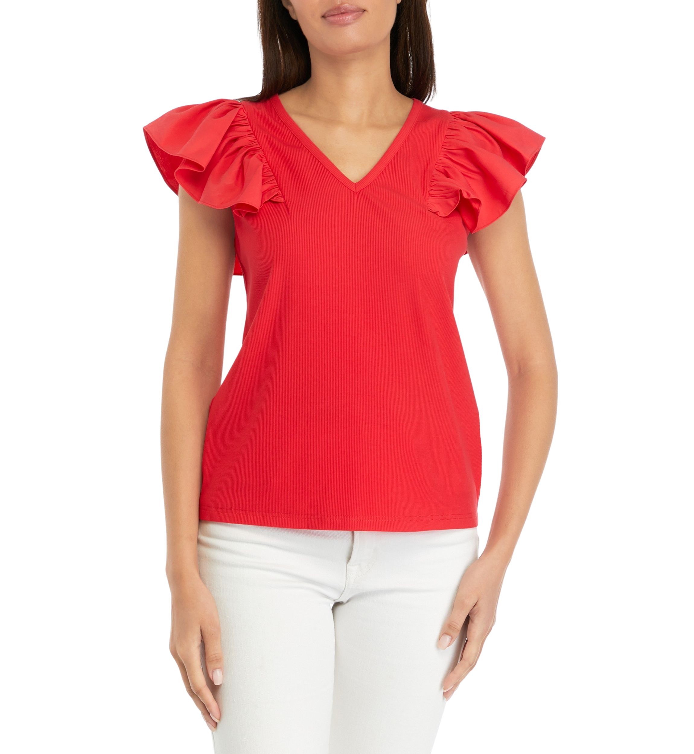 Womens Ruffle Sleeve V-Neck Mixed Media Knit Top