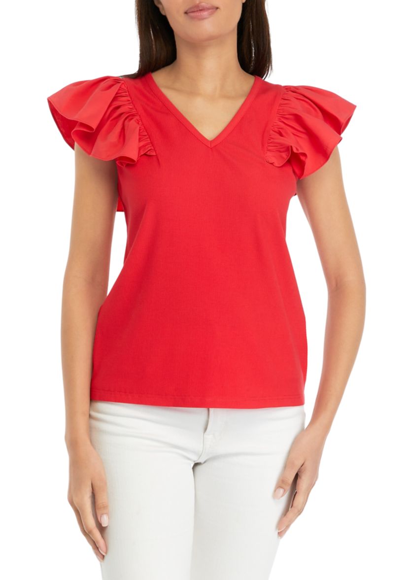 Womens Ruffle Sleeve V-Neck Mixed Media Knit Top