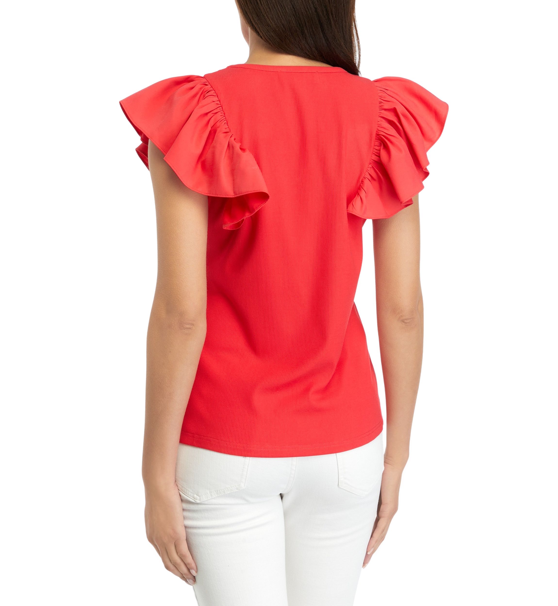Womens Ruffle Sleeve V-Neck Mixed Media Knit Top