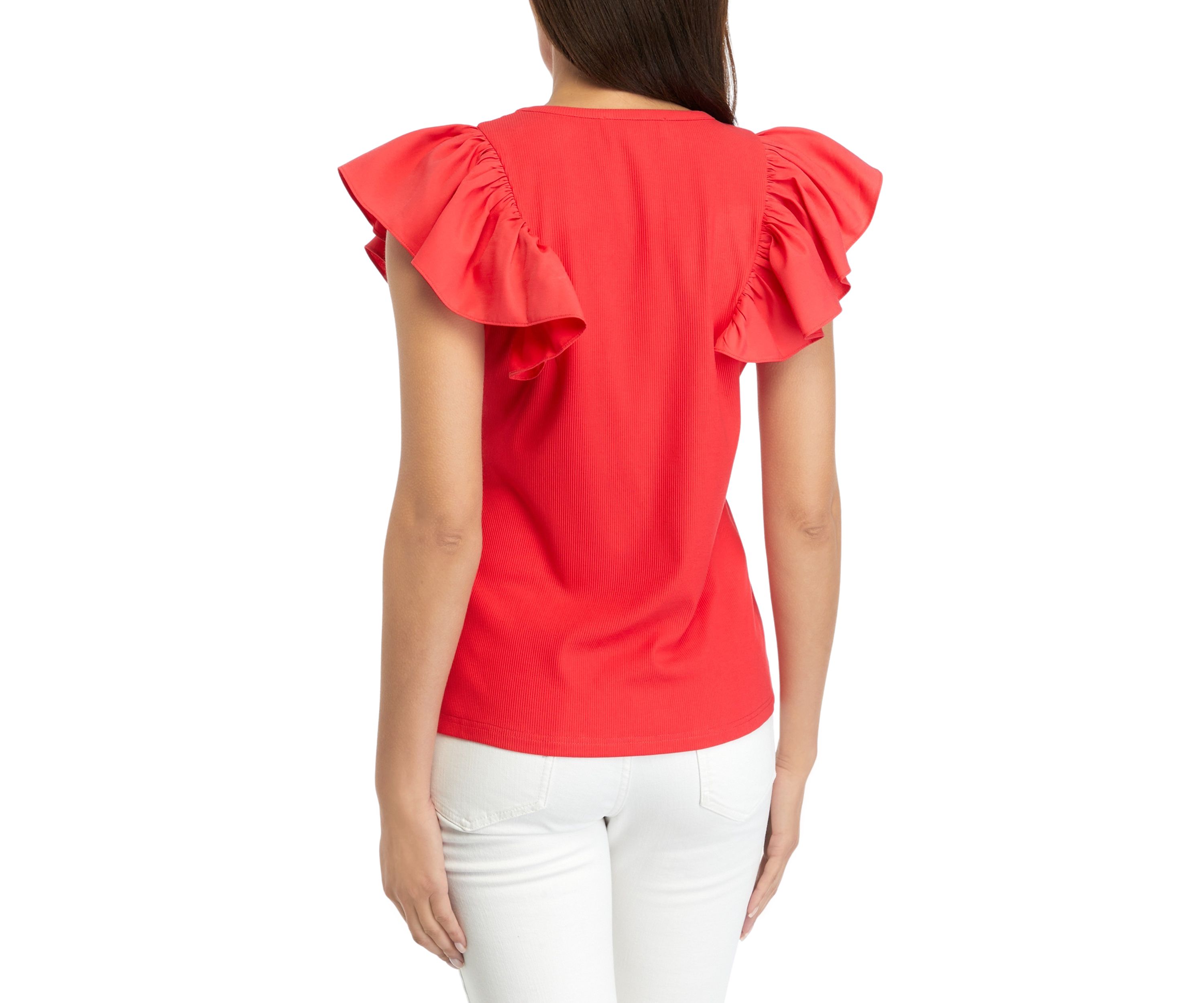 Womens Ruffle Sleeve V-Neck Mixed Media Knit Top